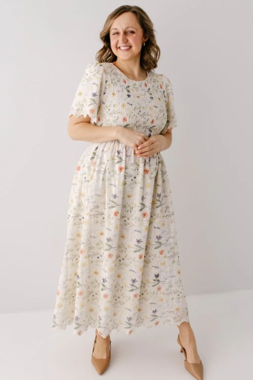 Alyce Eyelet Floral Print Smocked Bodice Maxi Dress FINAL SALE