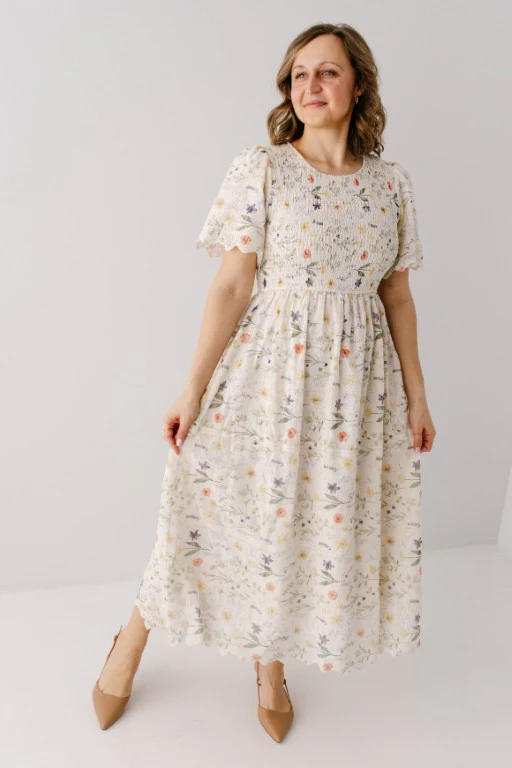 Alyce Eyelet Floral Print Smocked Bodice Maxi Dress FINAL SALE - Image 4