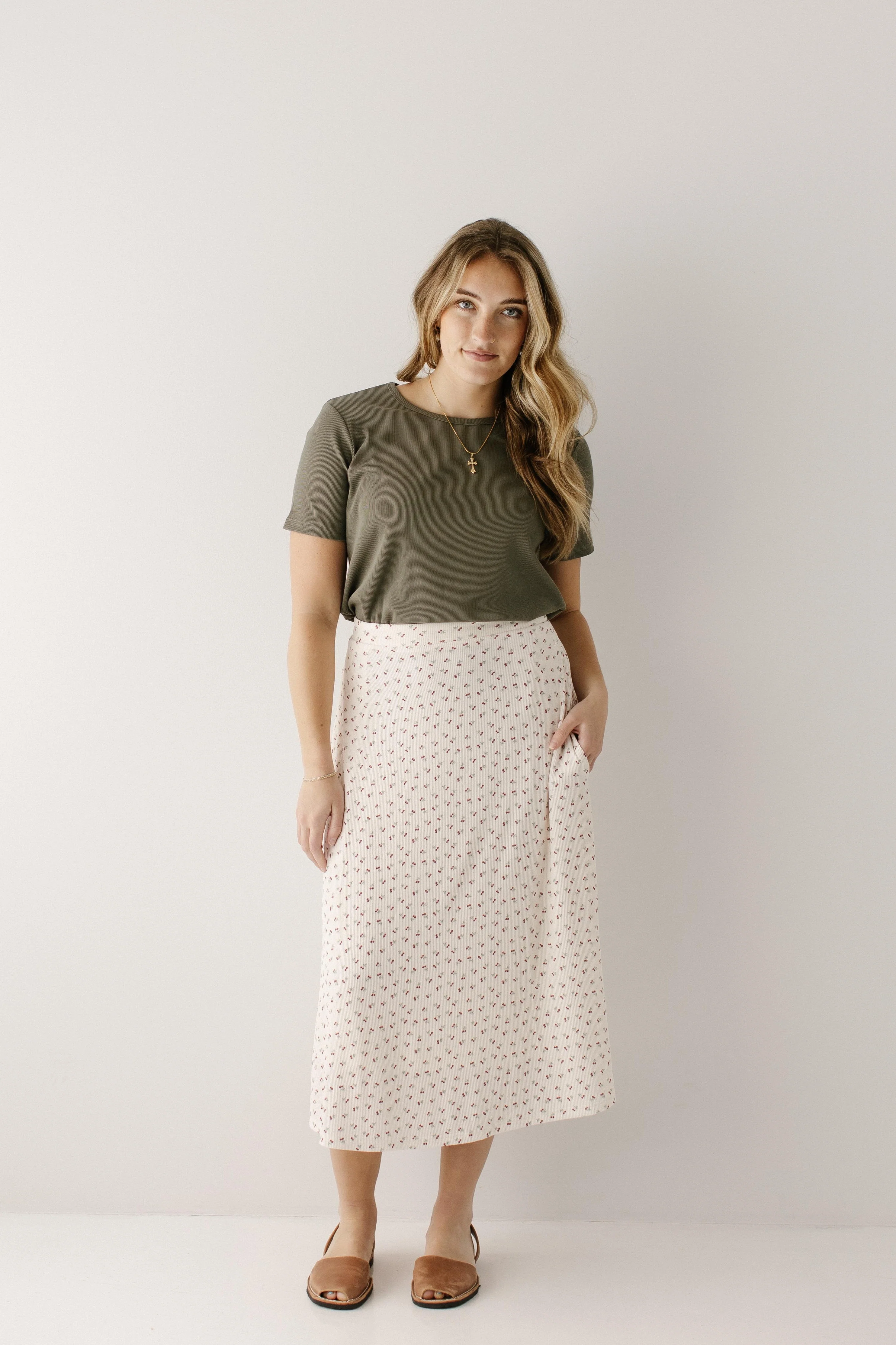 Annette Cherry Print Ribbed Midi Skirt - Image 3