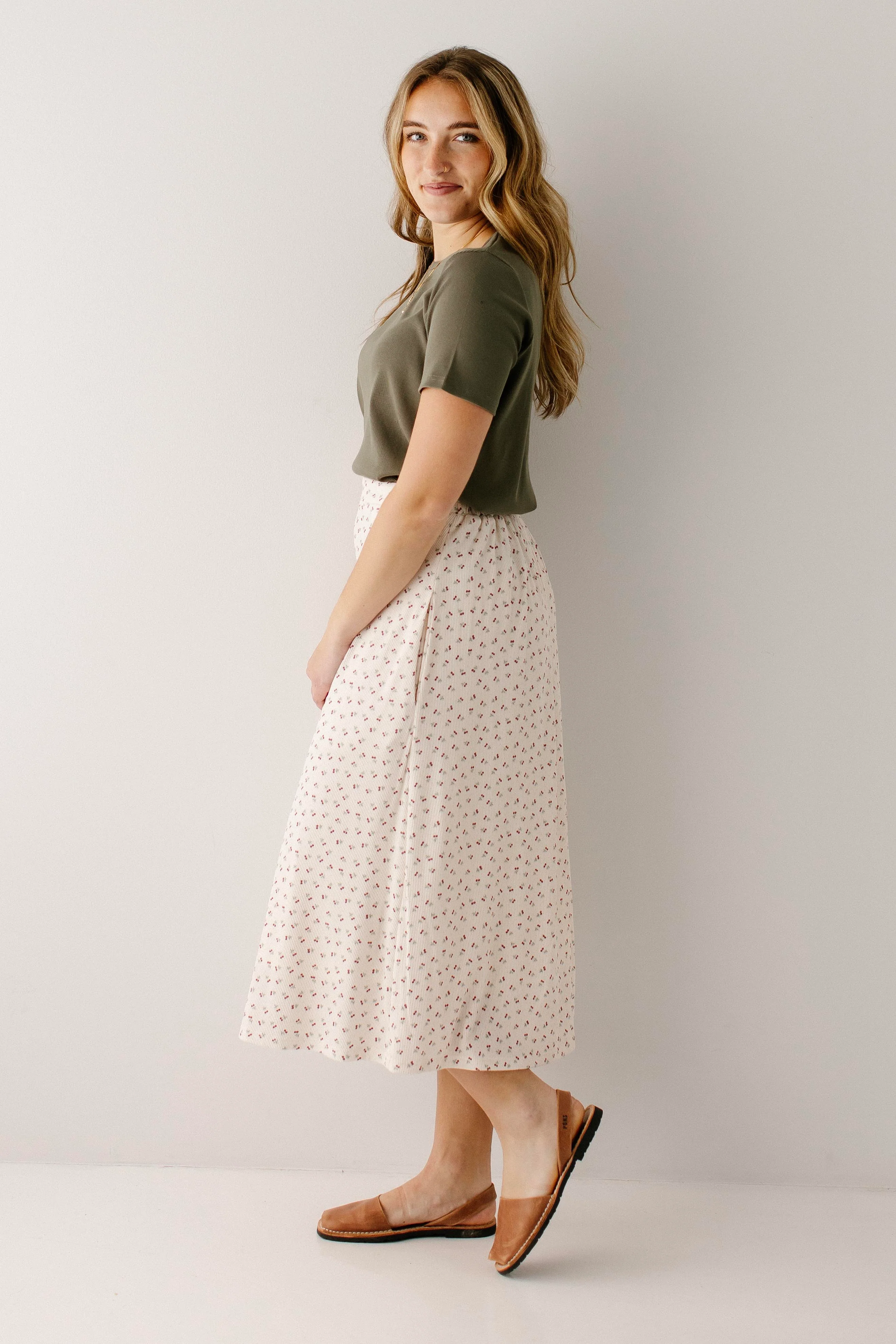 Annette Cherry Print Ribbed Midi Skirt - Image 4
