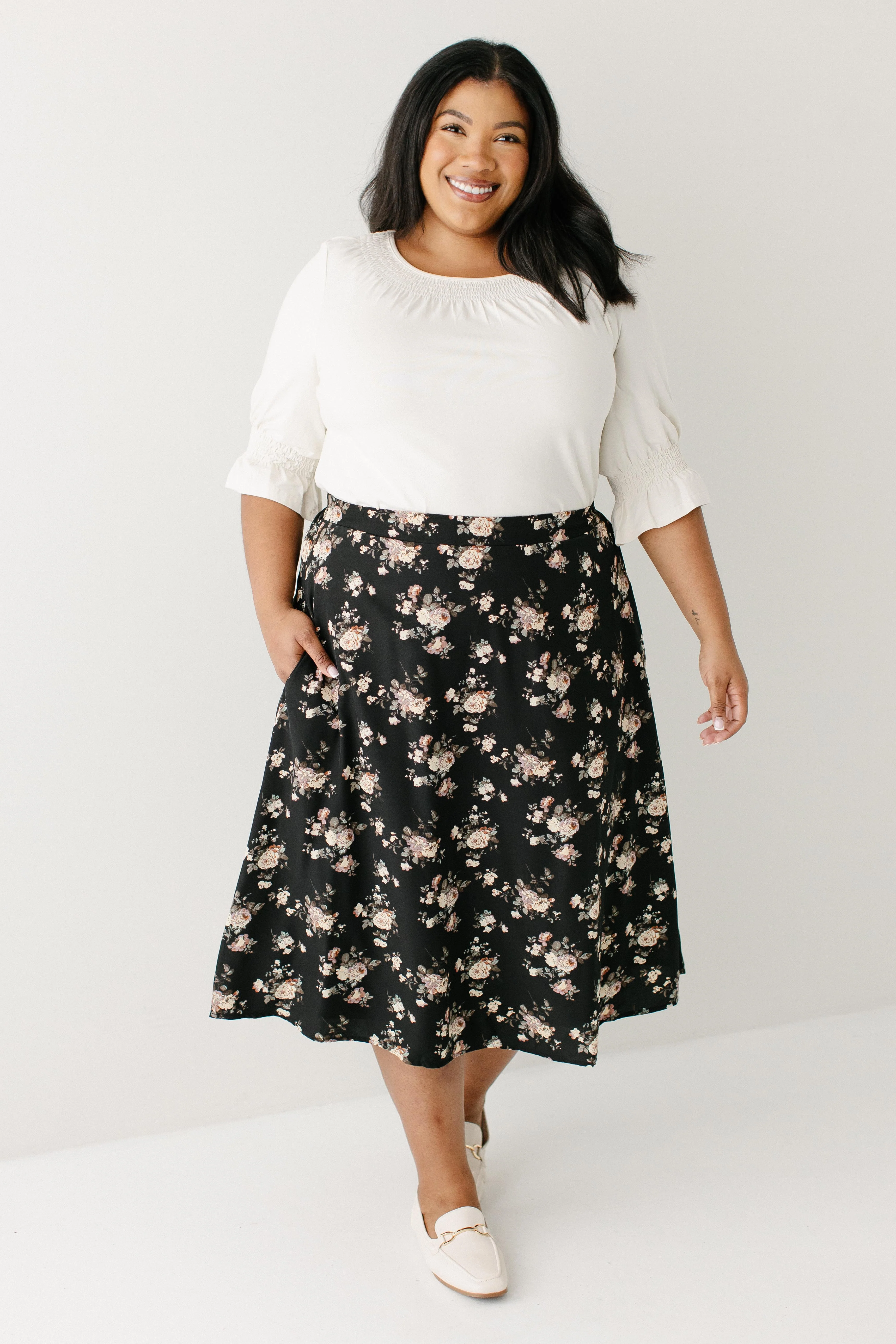 Annette Rose Print Midi Skirt in Black FINAL SALE