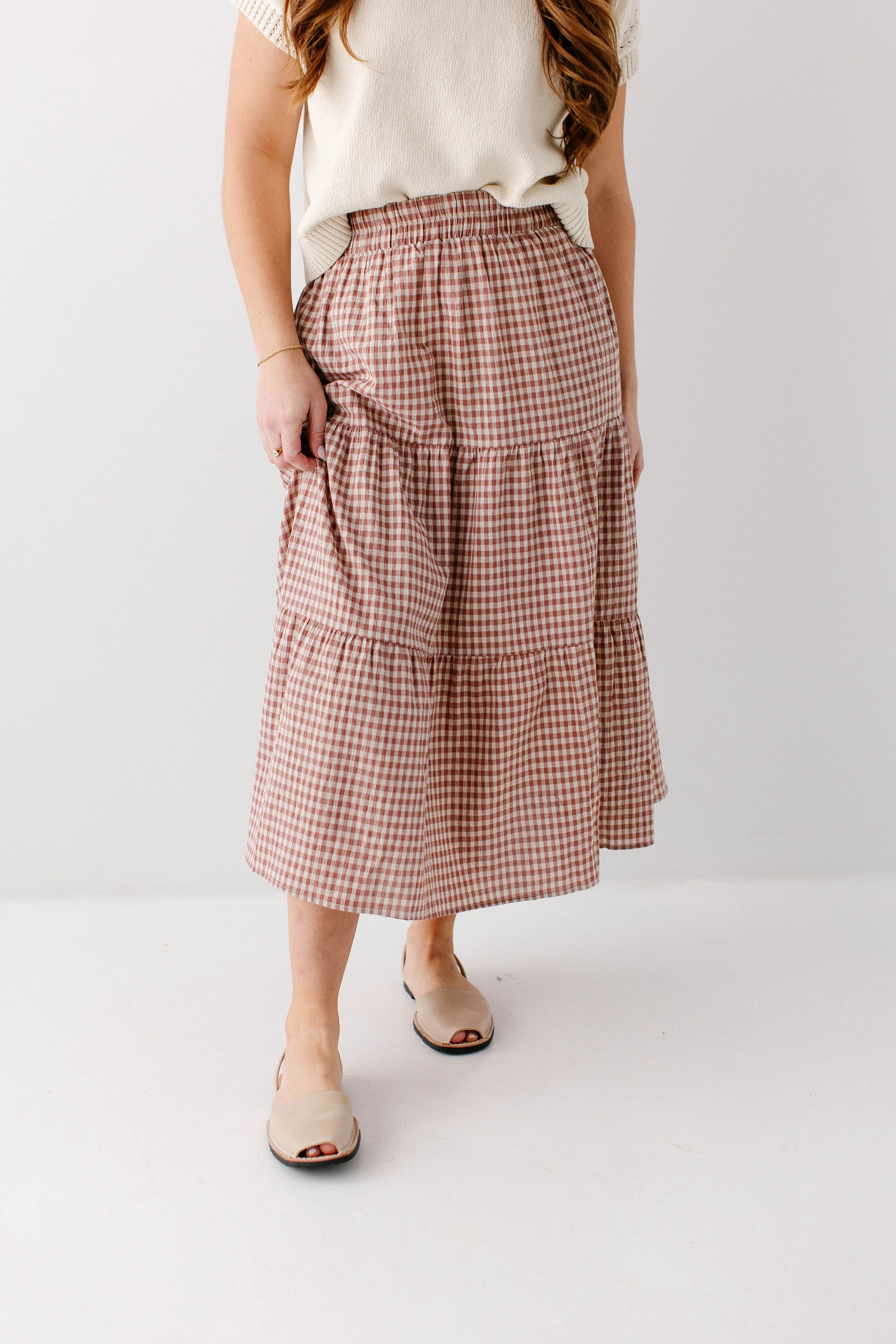 'Aveline' Tiered Gingham Midi Skirt - Image 2
