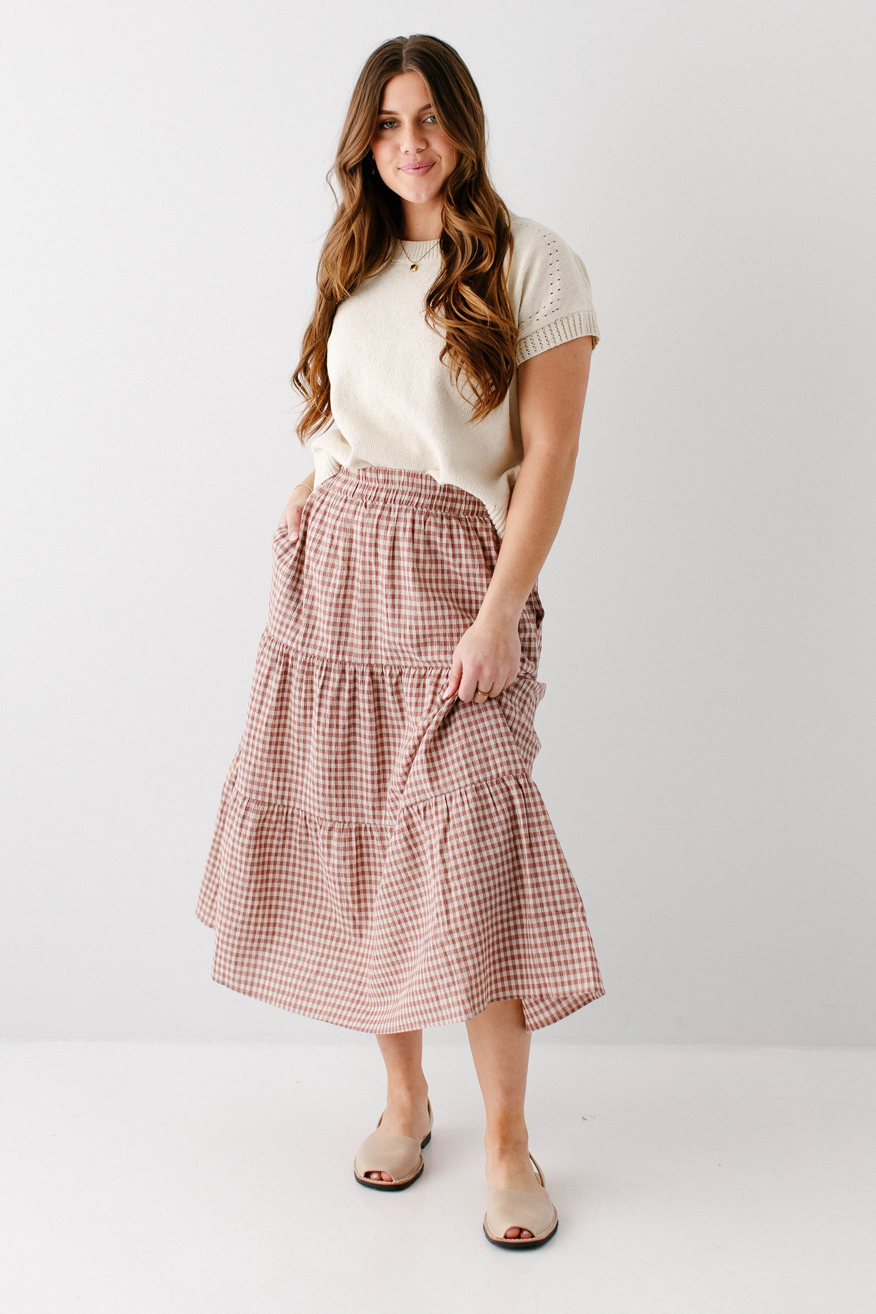 'Aveline' Tiered Gingham Midi Skirt - Image 3