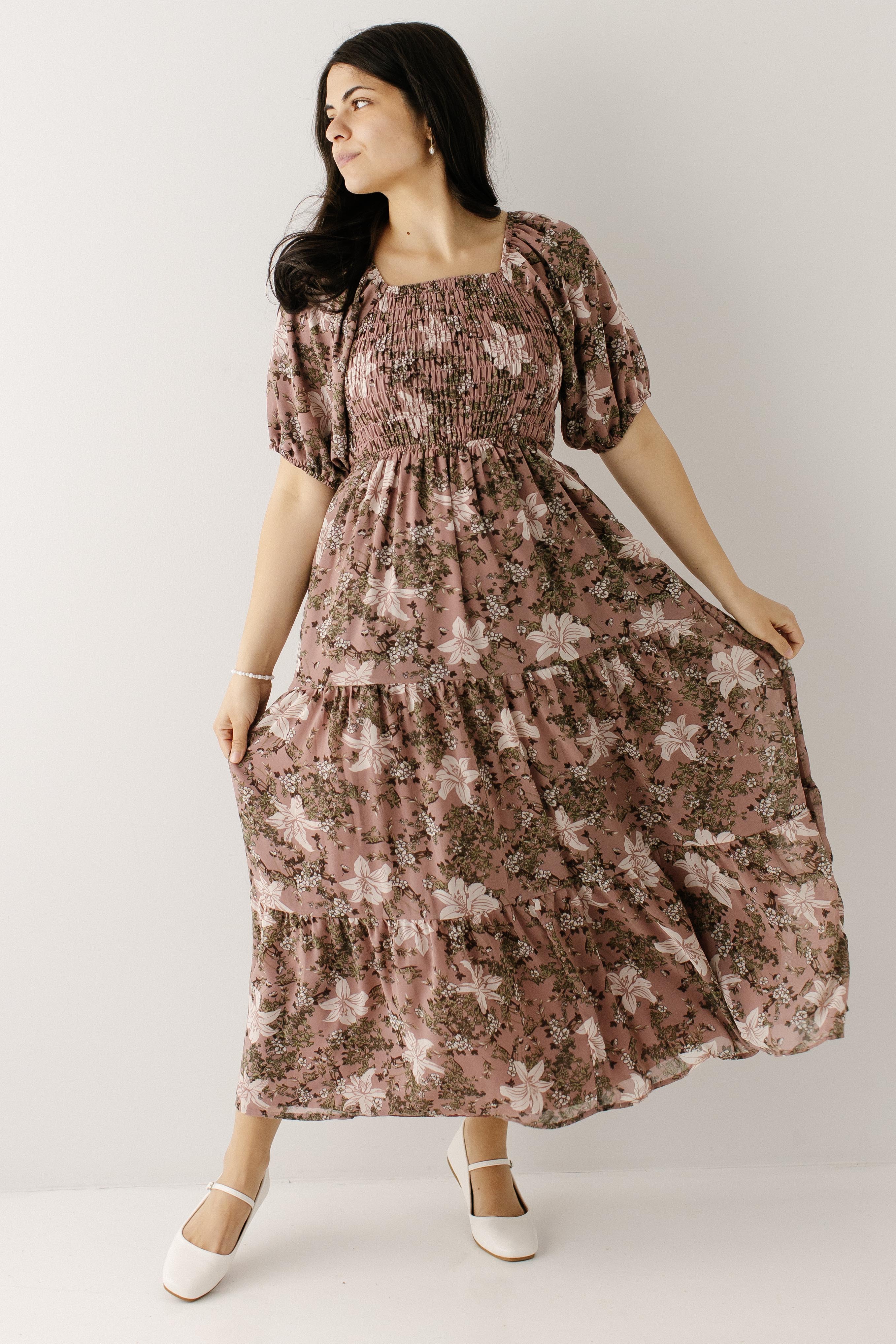 Avery Smocked Bodice Lily Print Dress