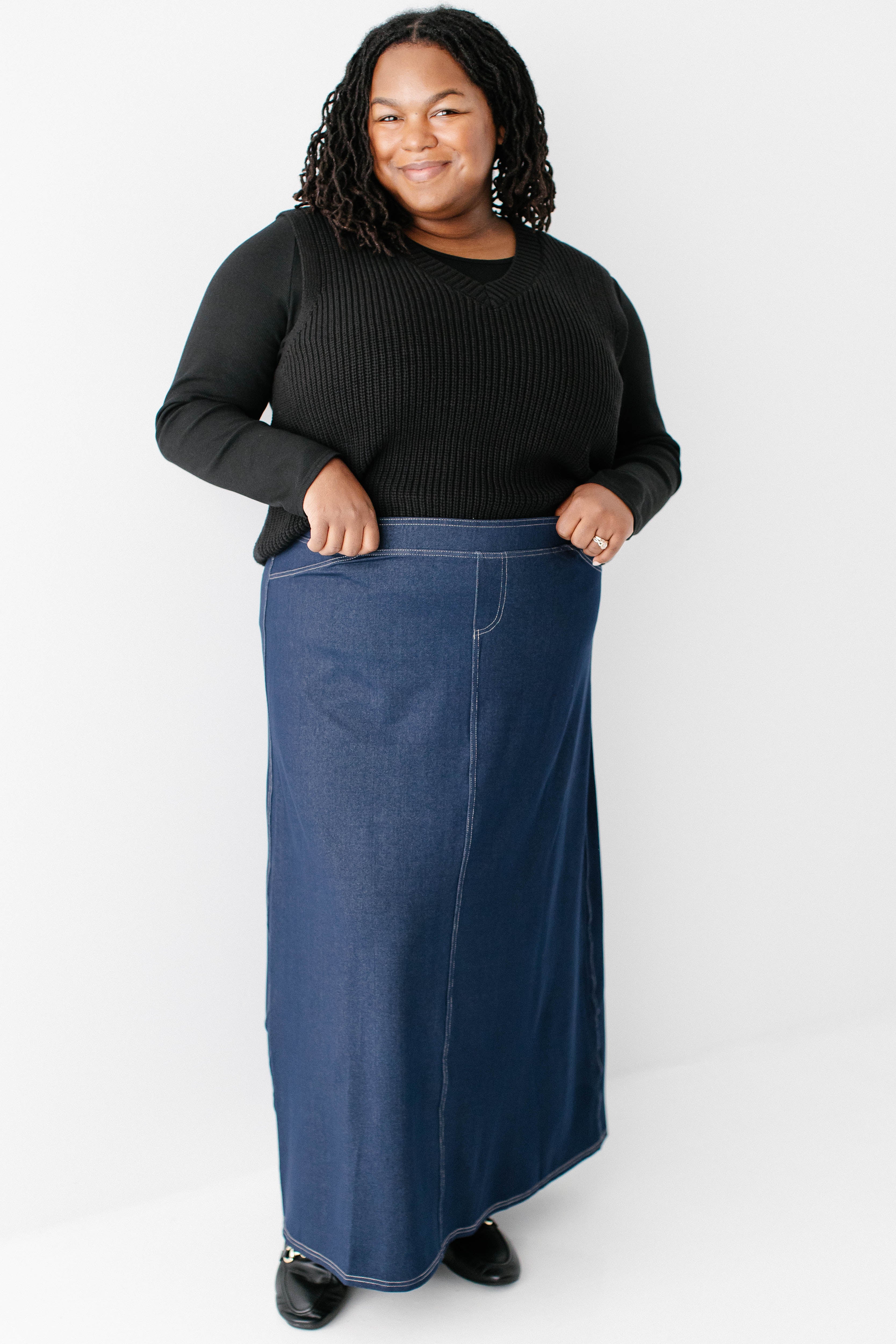 Caroline Long Knit Denim Skirt - Image 29