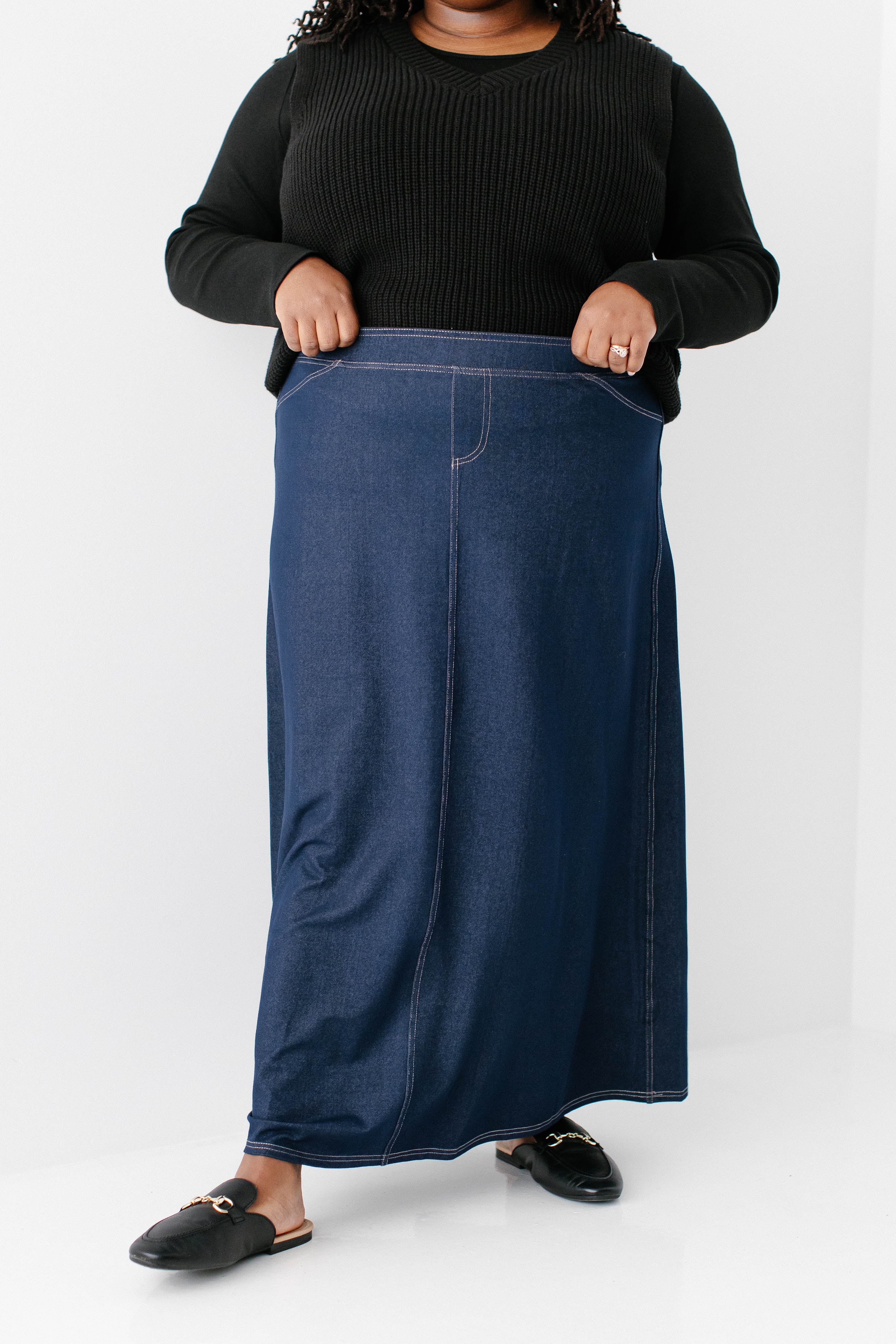 Caroline Long Knit Denim Skirt - Image 30