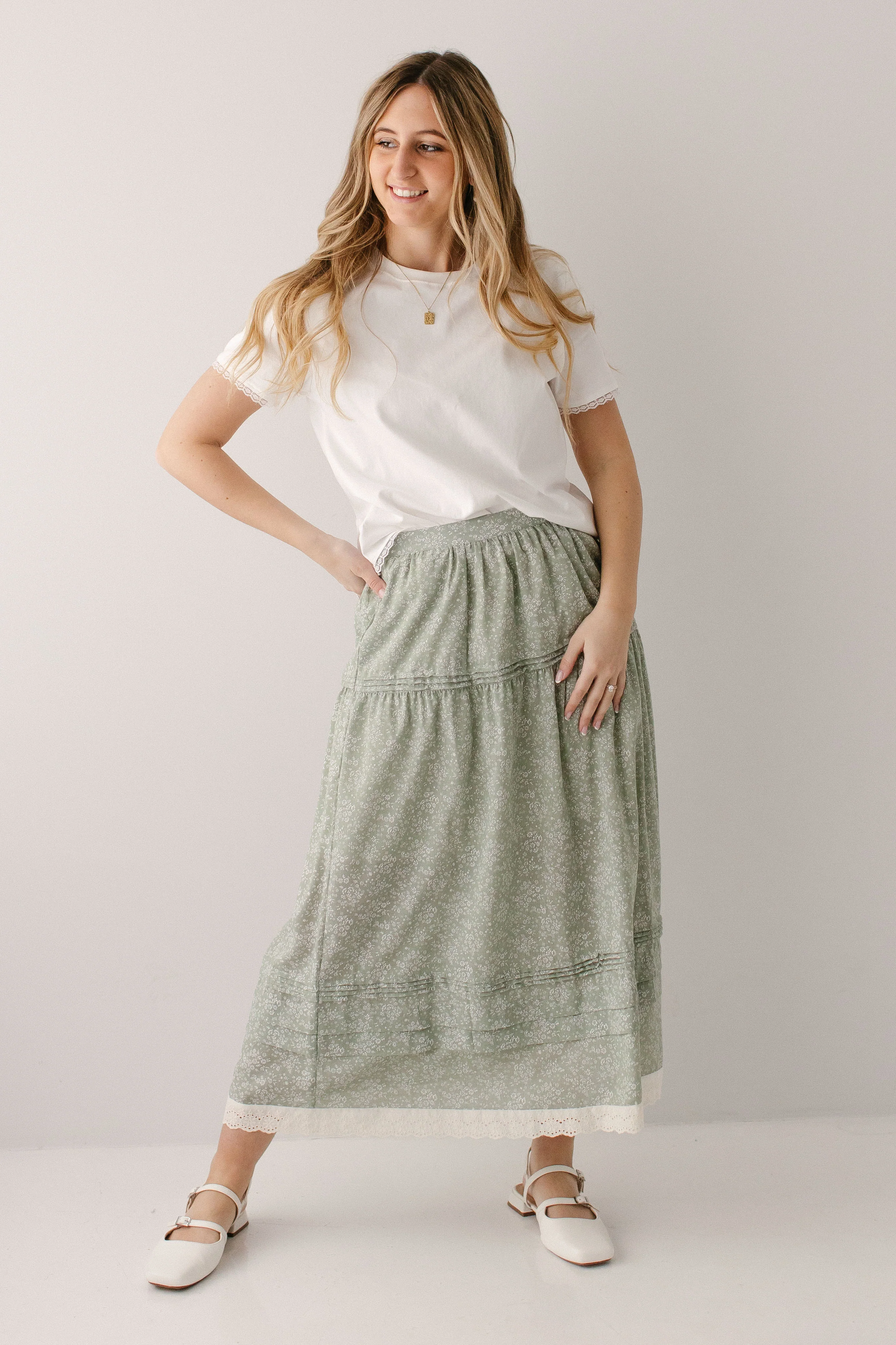 'Cordelia' Drop Waist Ditsy Floral Midi Skirt - Image 2