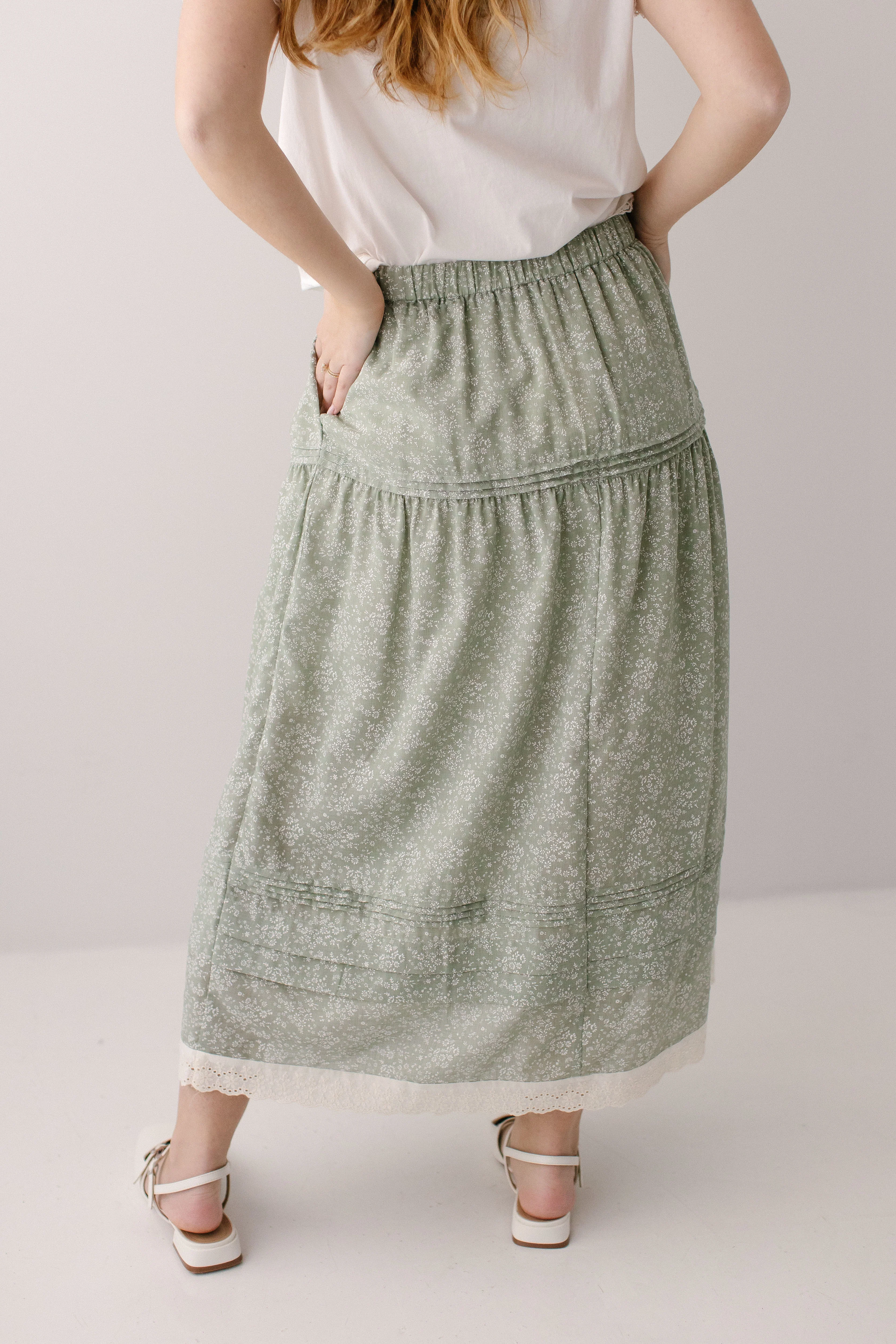 'Cordelia' Drop Waist Ditsy Floral Midi Skirt - Image 5