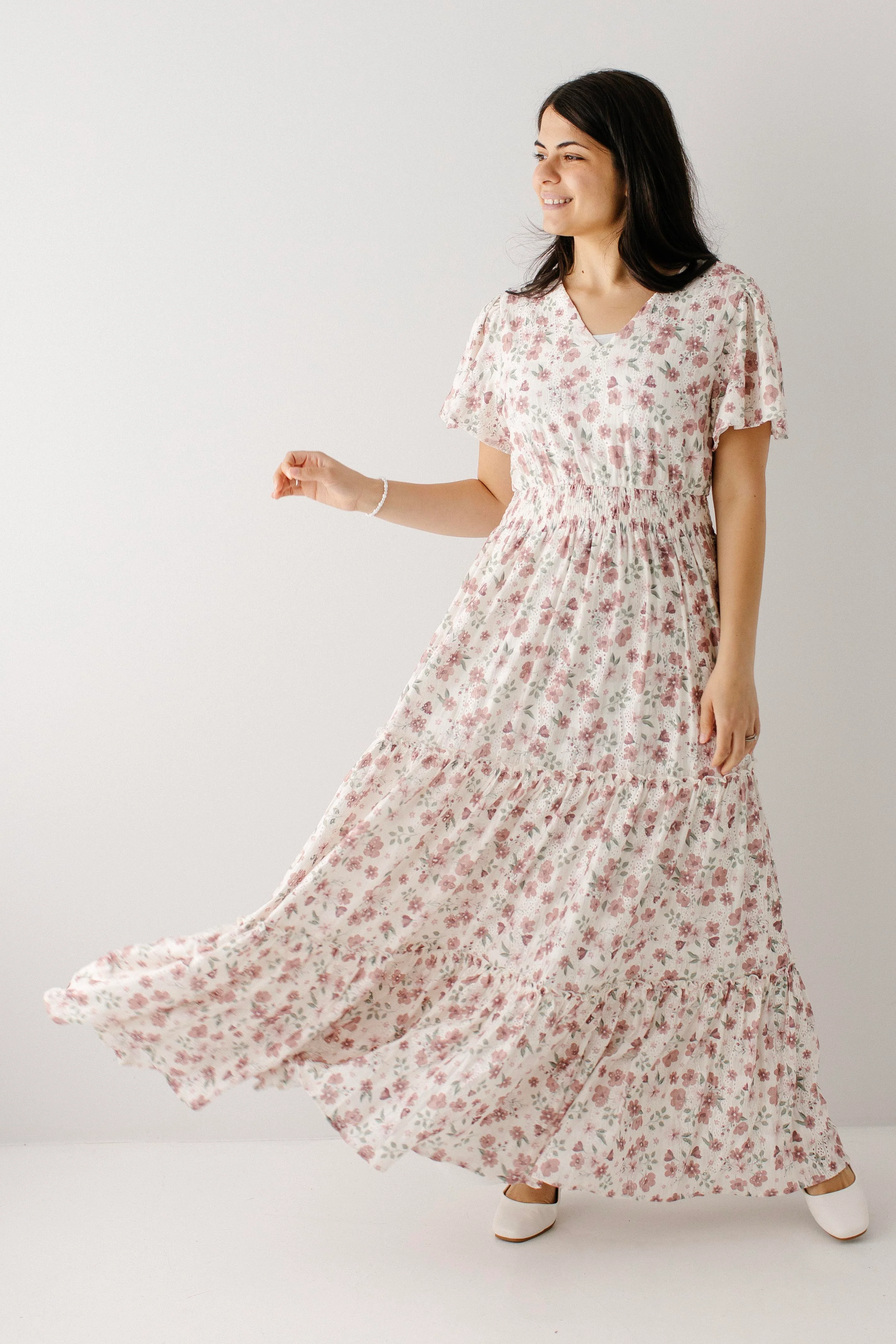 Elizabeth Flower Print Textured Tiered Maxi Dress