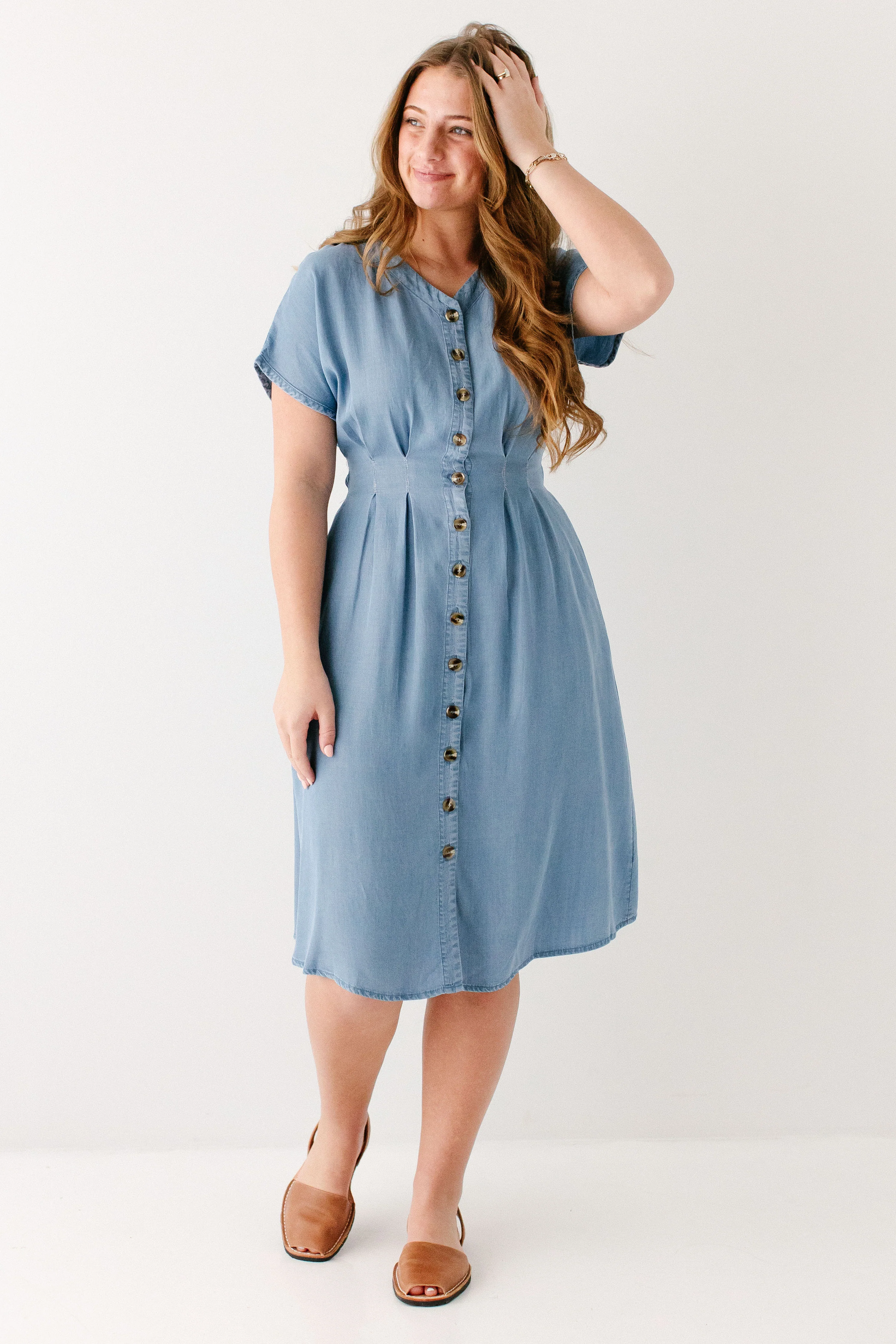 Emilia Pleated Chambray Midi Dress