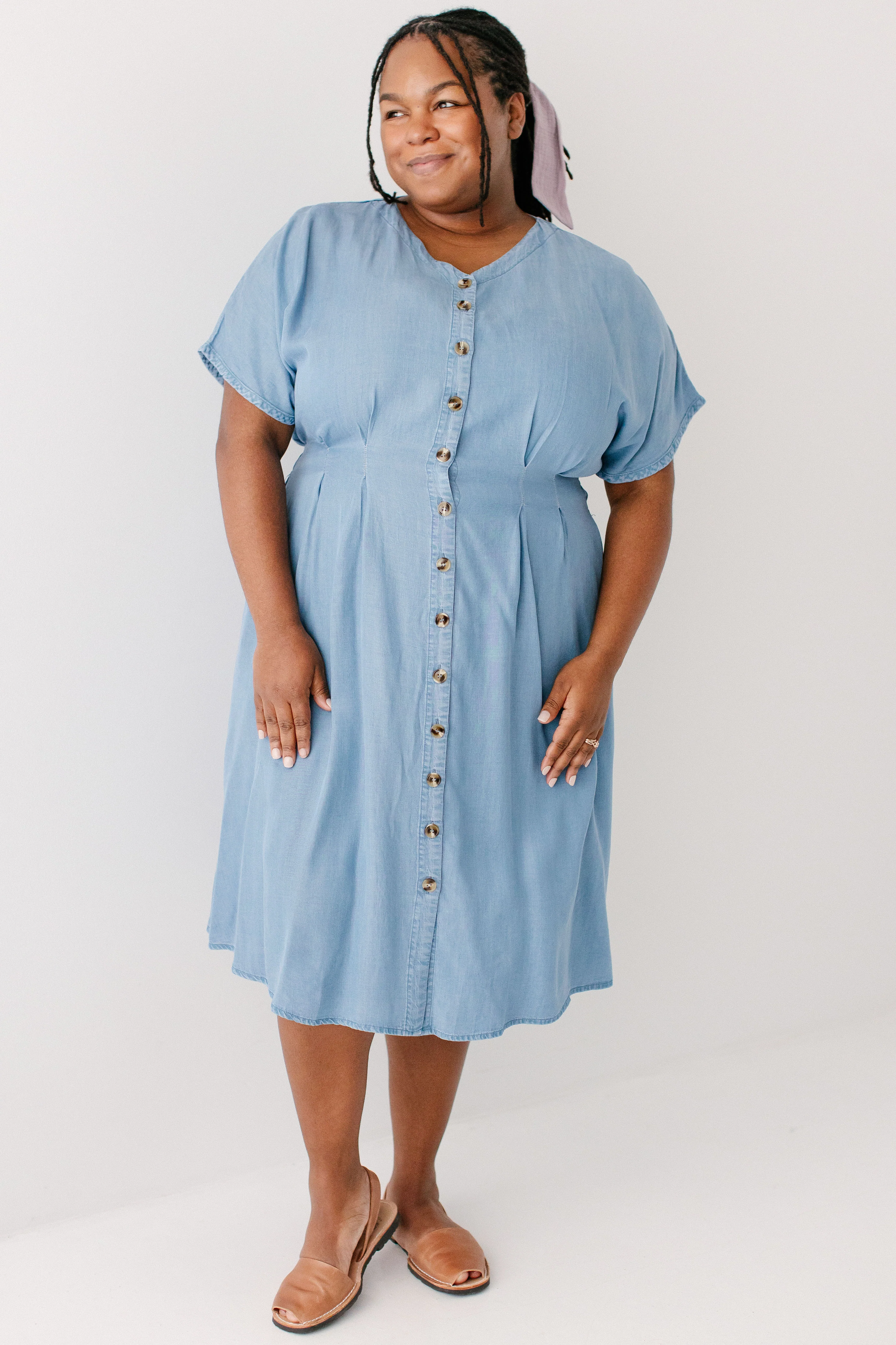 Emilia Pleated Chambray Midi Dress - Image 11