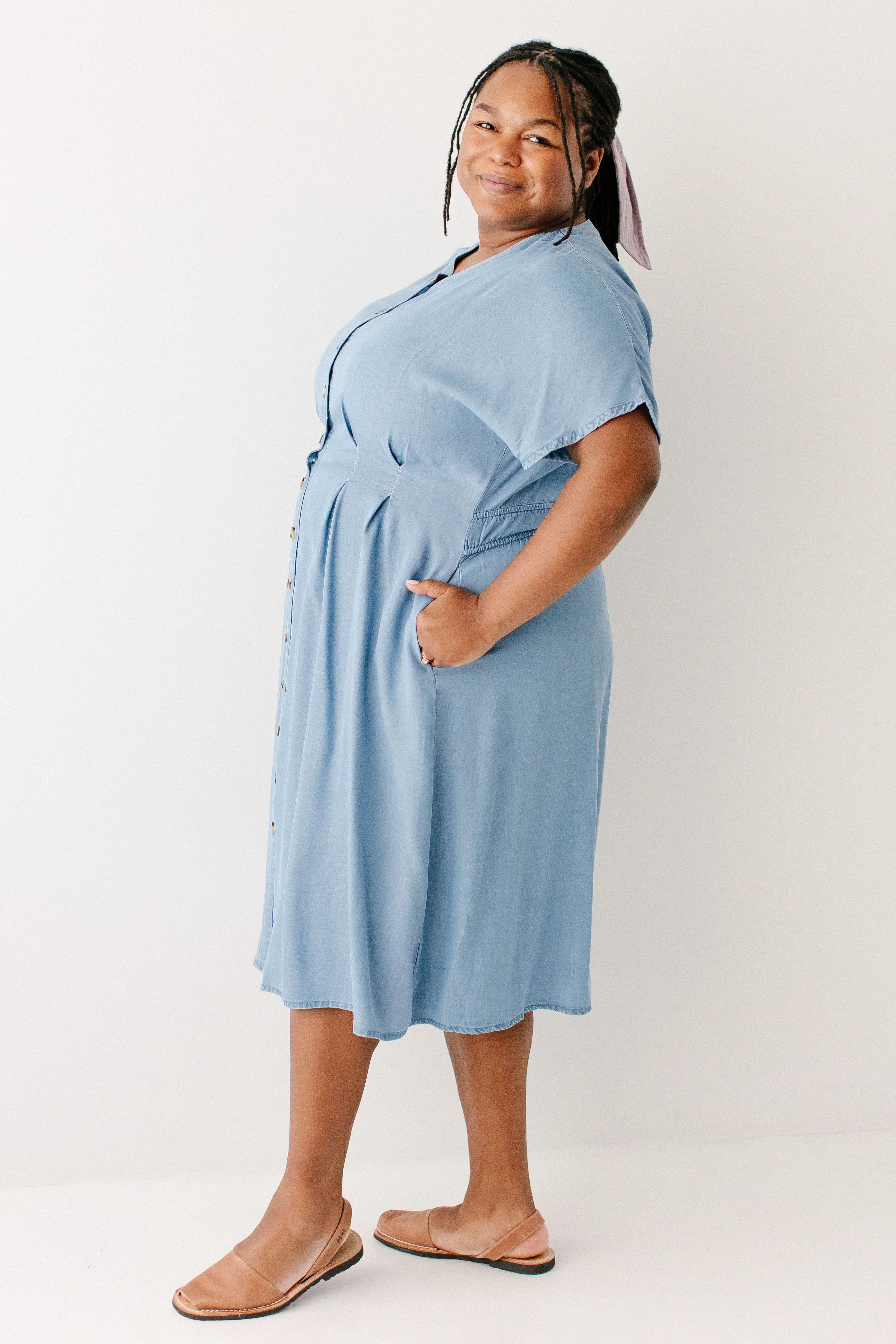 Emilia Pleated Chambray Midi Dress - Image 12