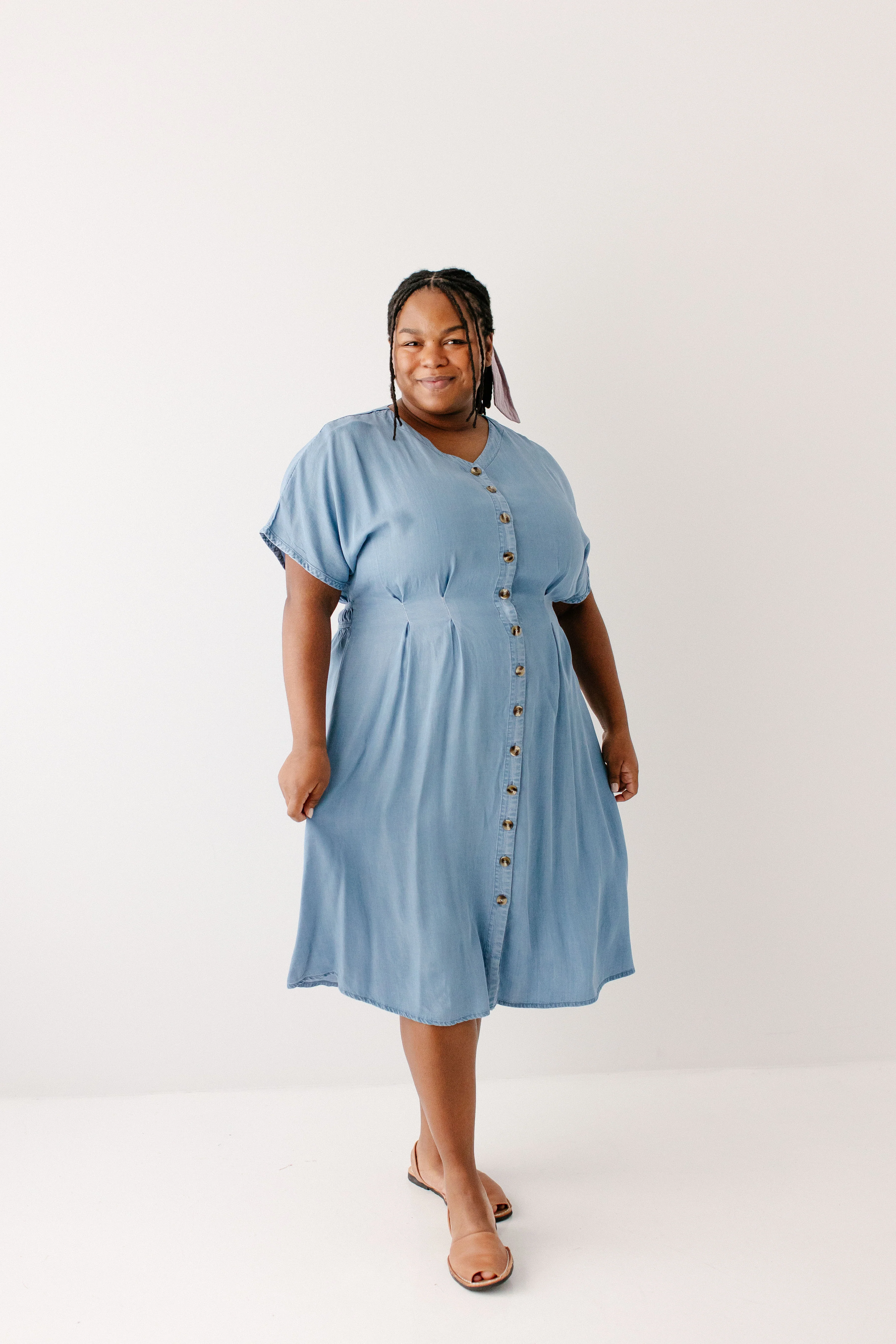 Emilia Pleated Chambray Midi Dress - Image 3