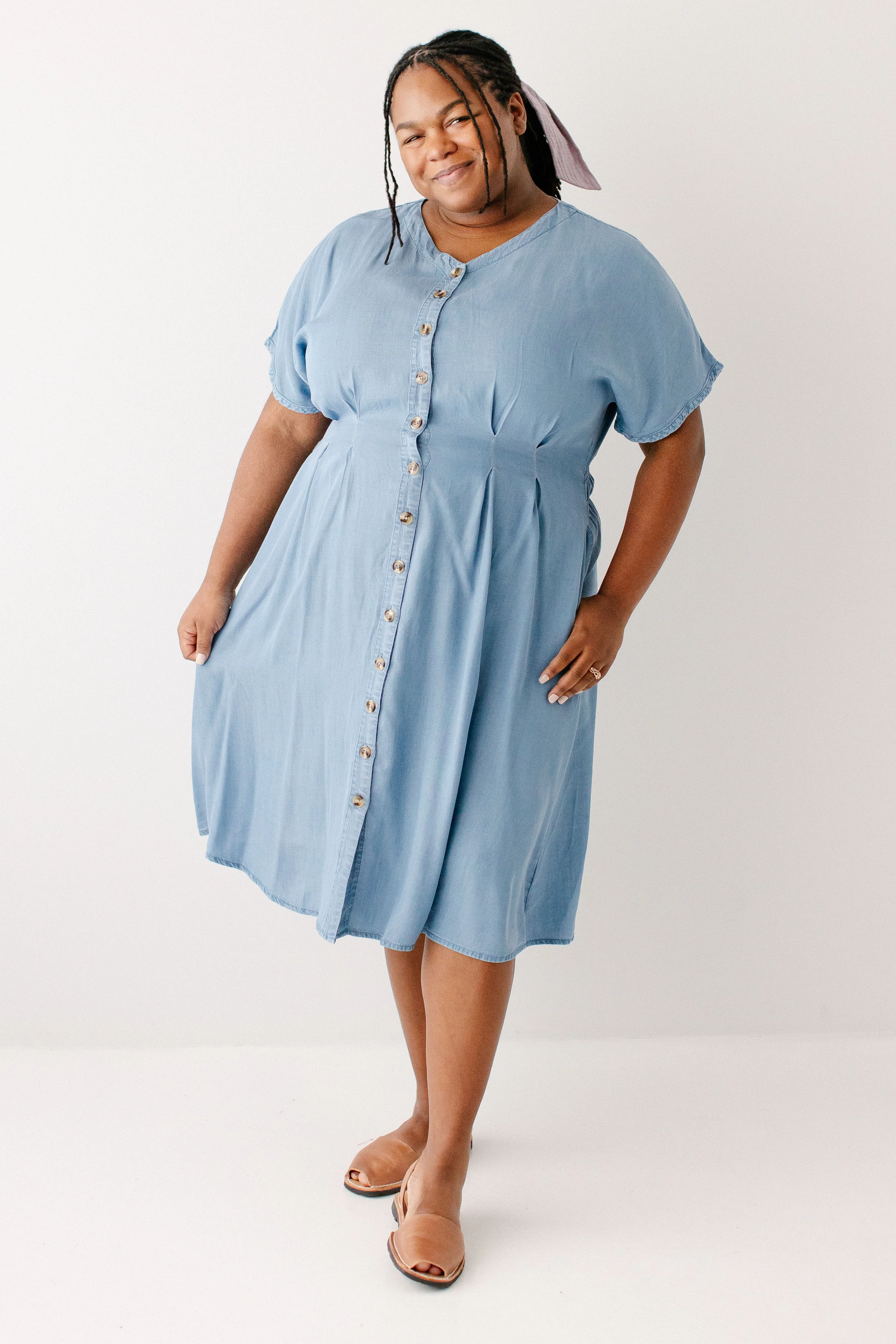Emilia Pleated Chambray Midi Dress - Image 9