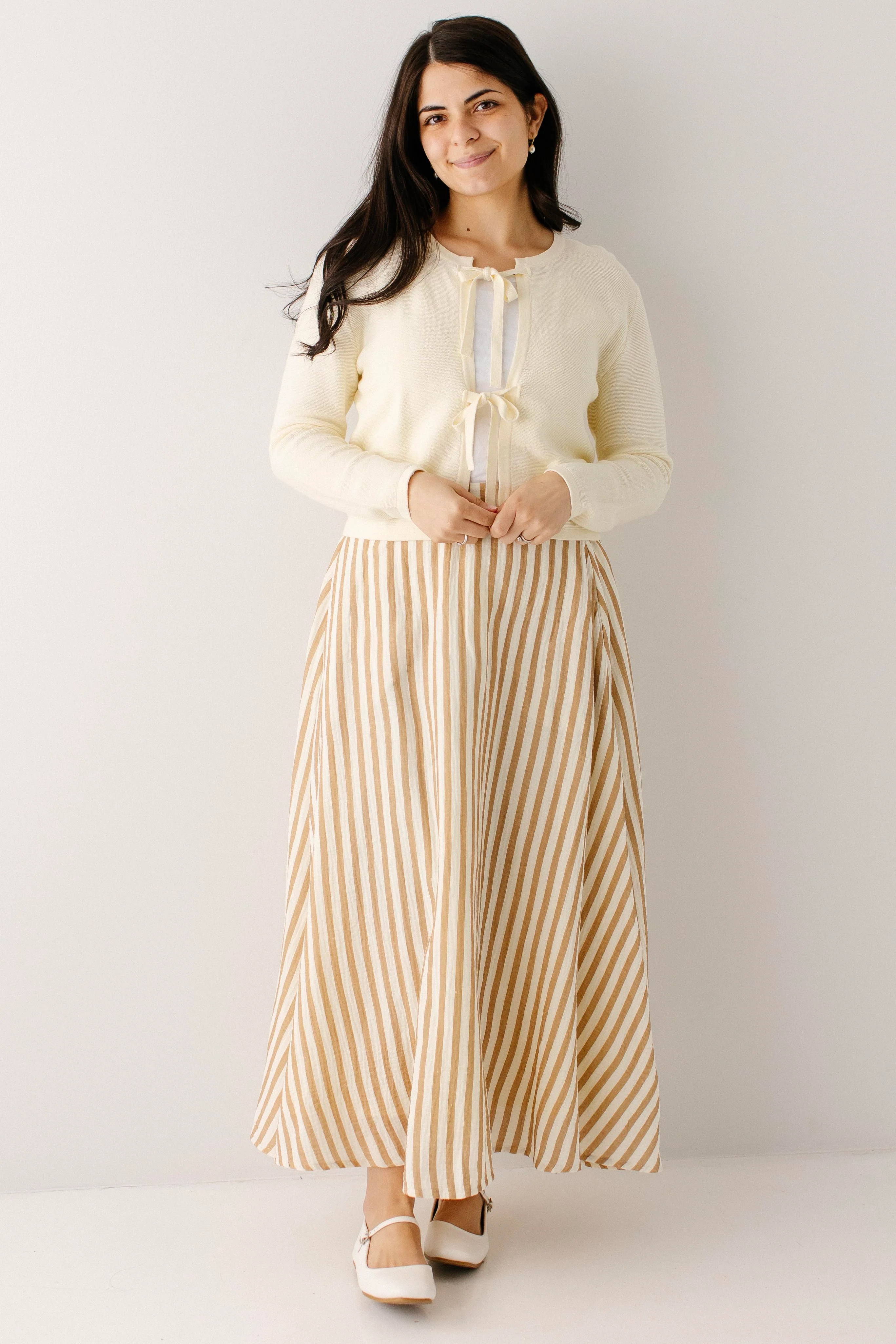 Emma Tan Stripe Gauze Midi Skirt