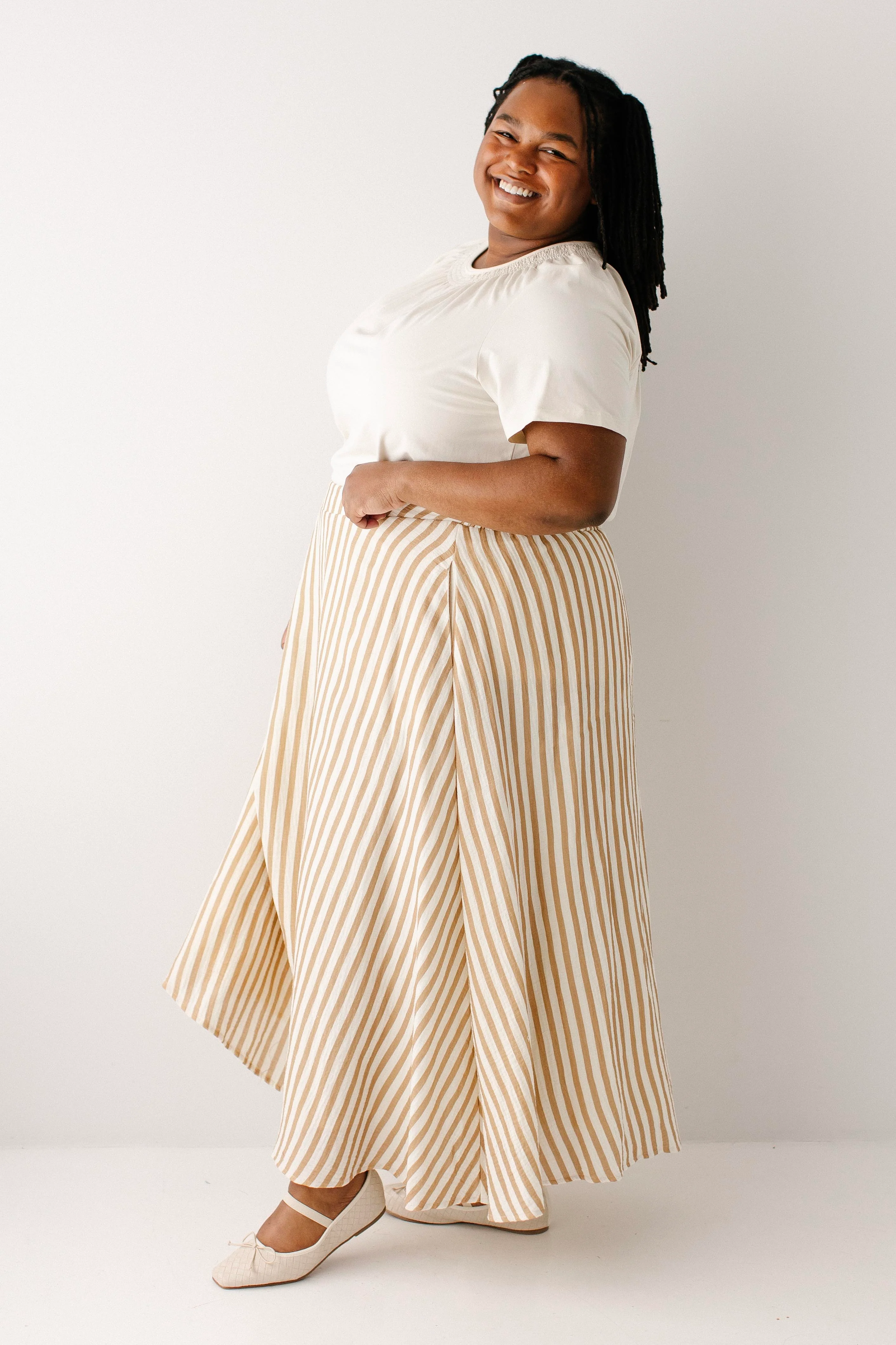 Emma Tan Stripe Gauze Midi Skirt - Image 11