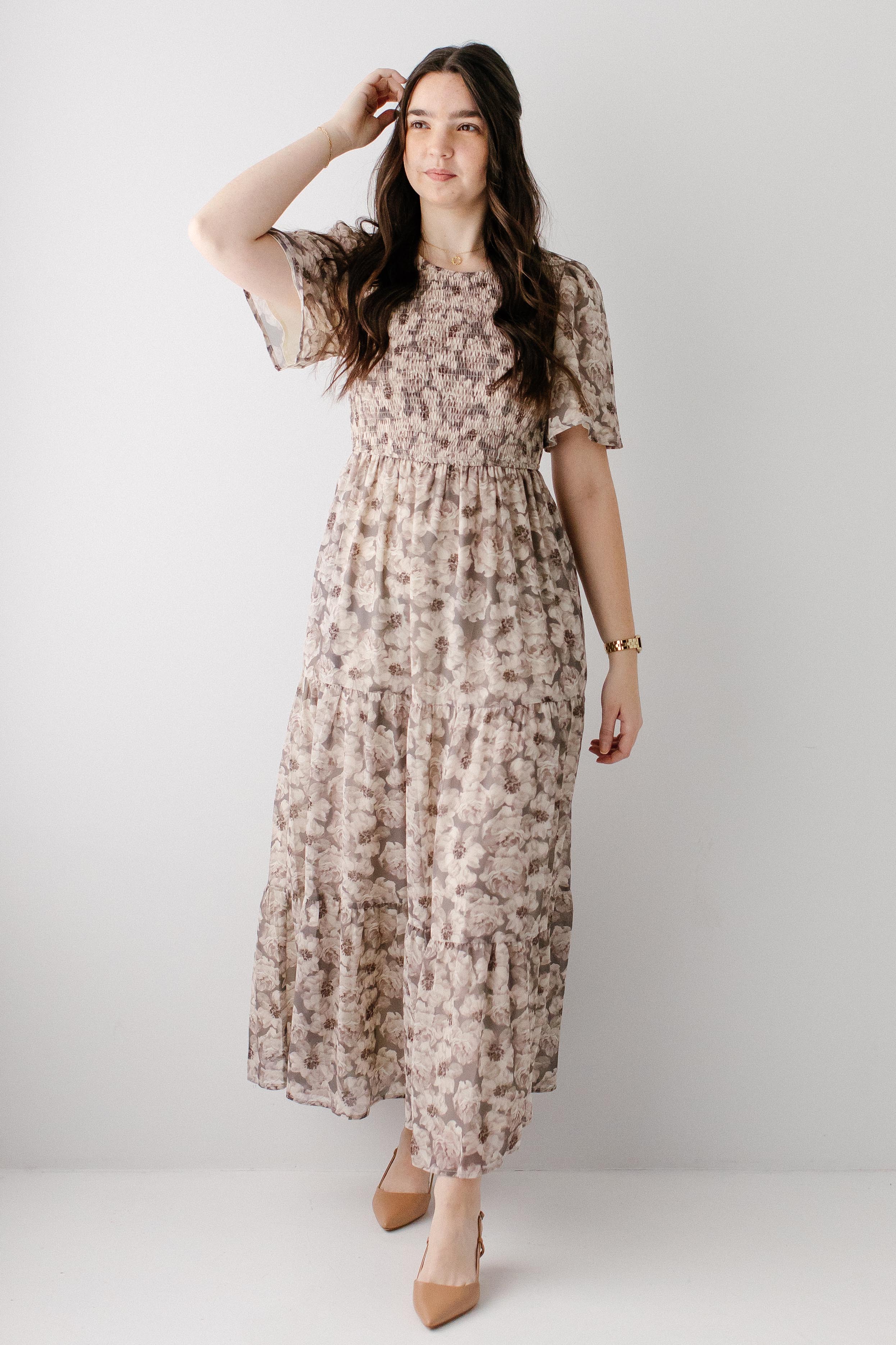 'Genevieve' Floral Print Smocked Bodice Maxi Dress