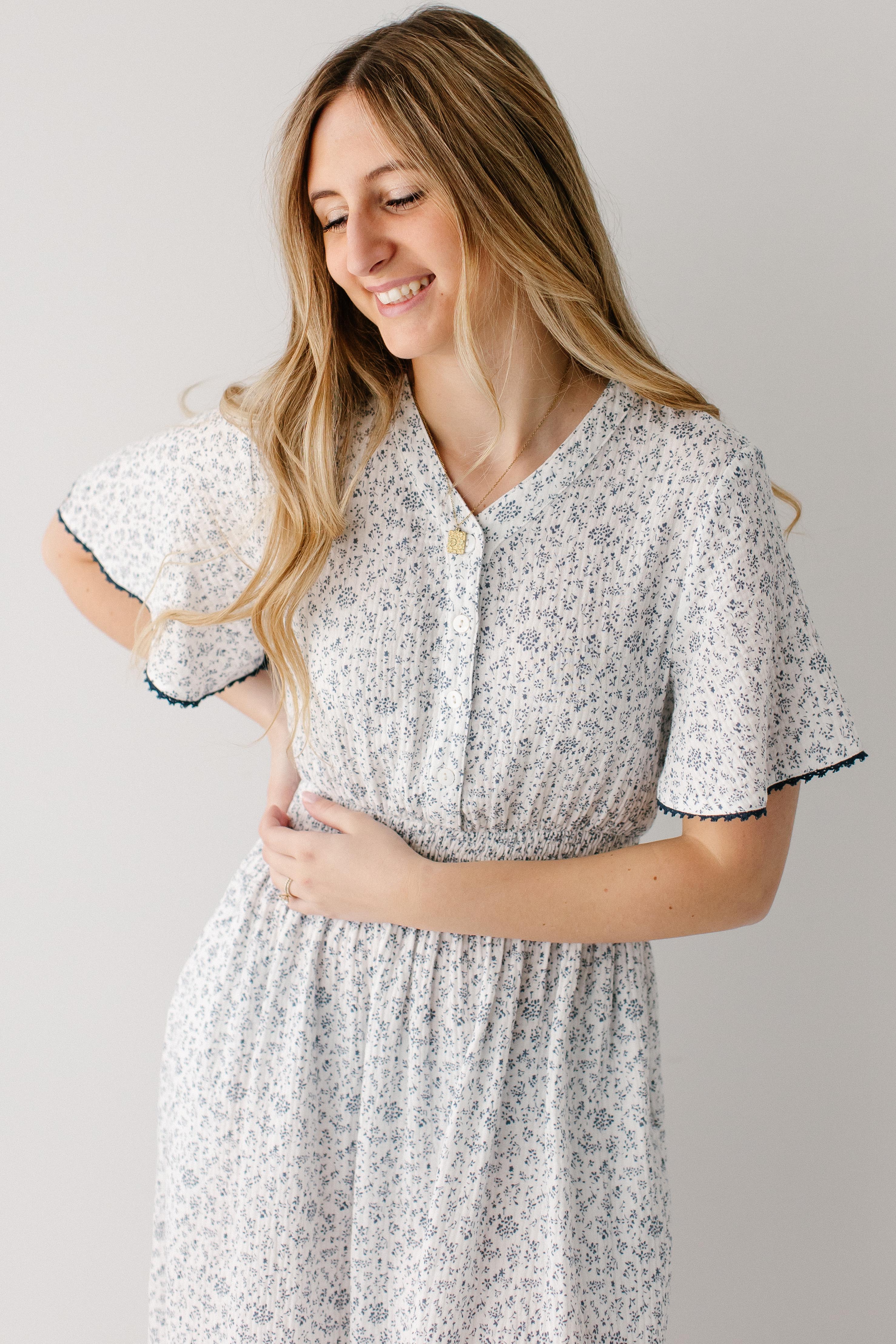 Hadassah Blue Floral Gauze Midi Dress - Image 3