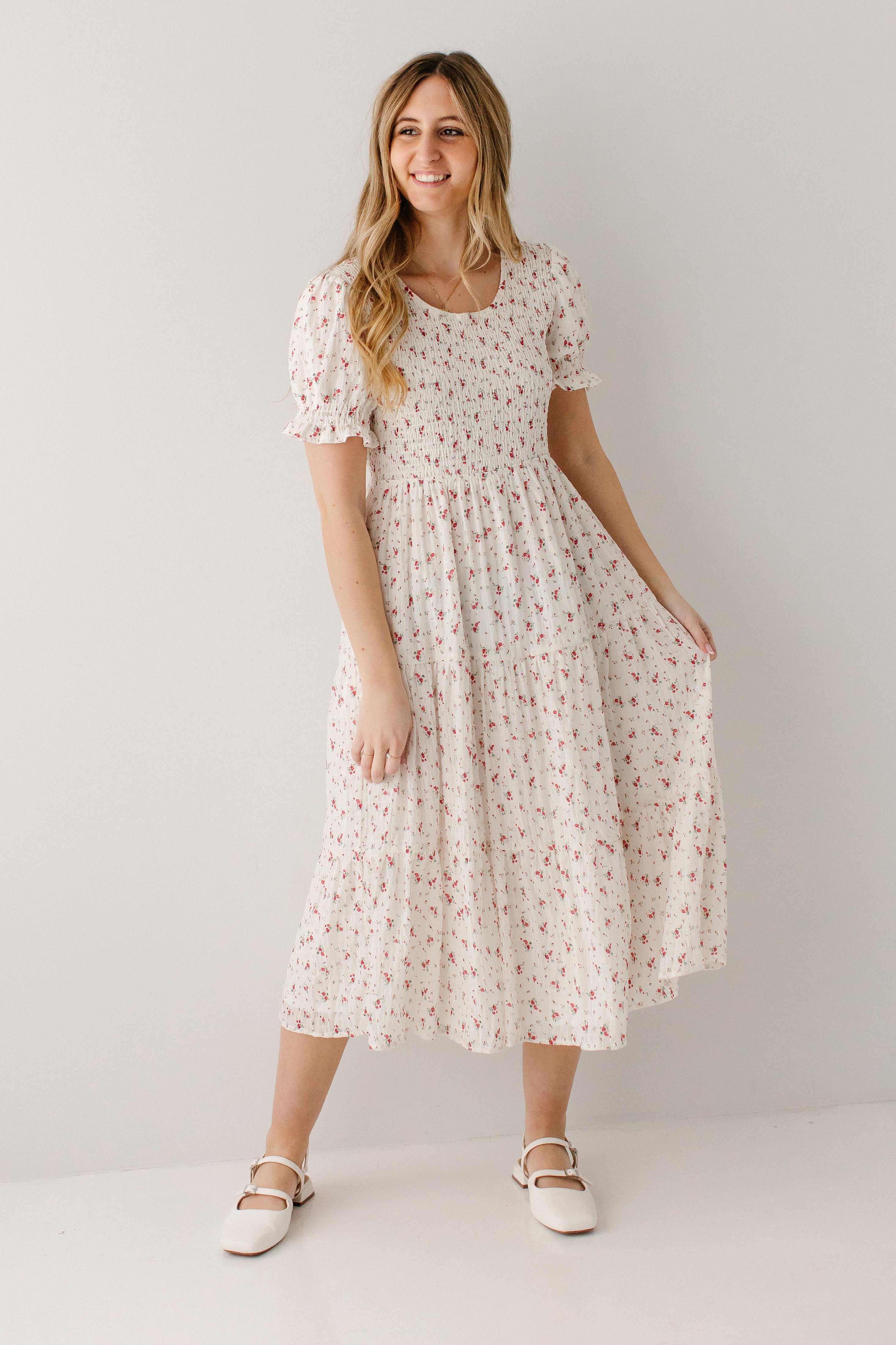 Jinger Smocked Bodice Ditsy Floral Midi Dress