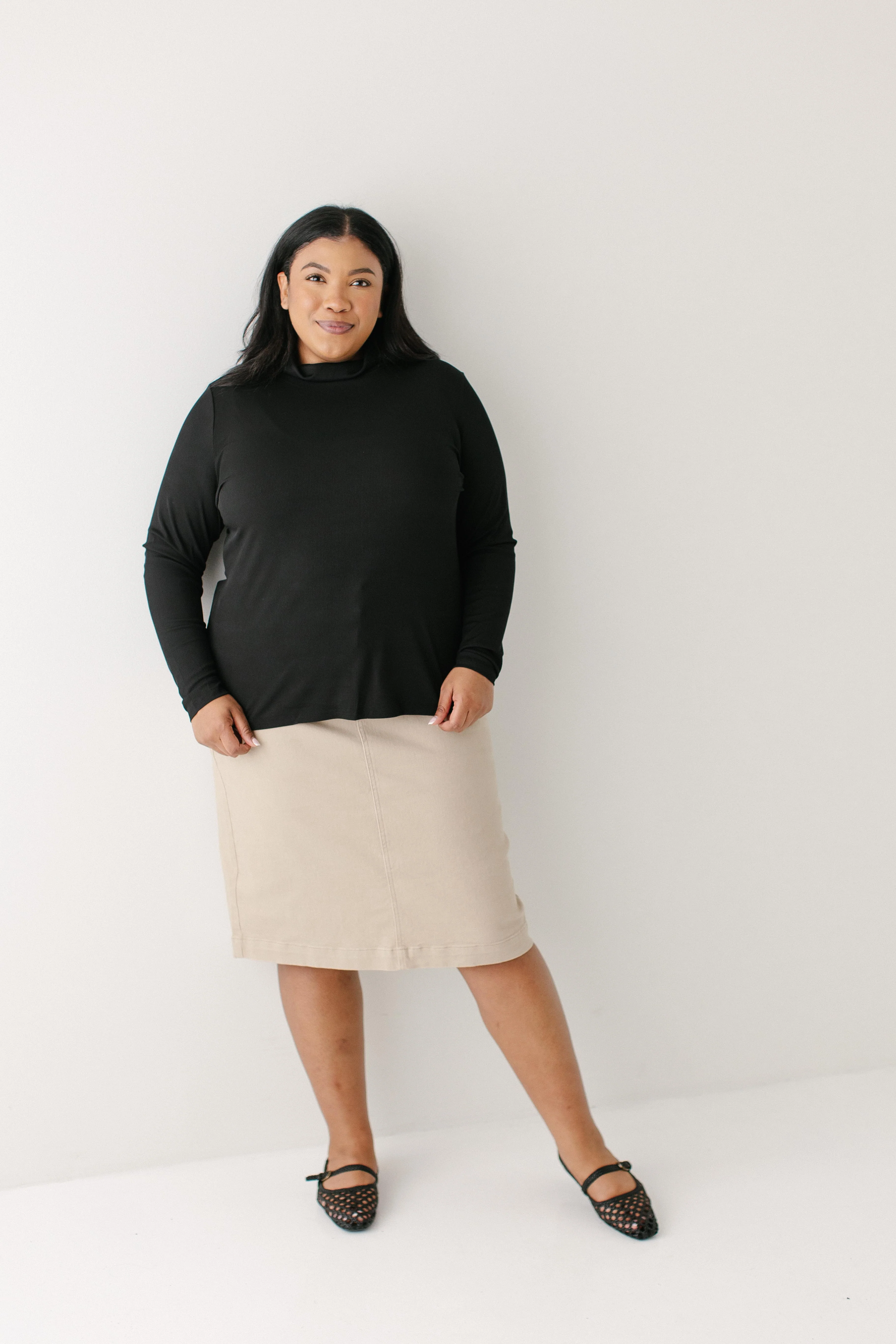 Leah Knee Length Stretch Denim Skirt in Khaki - Image 4