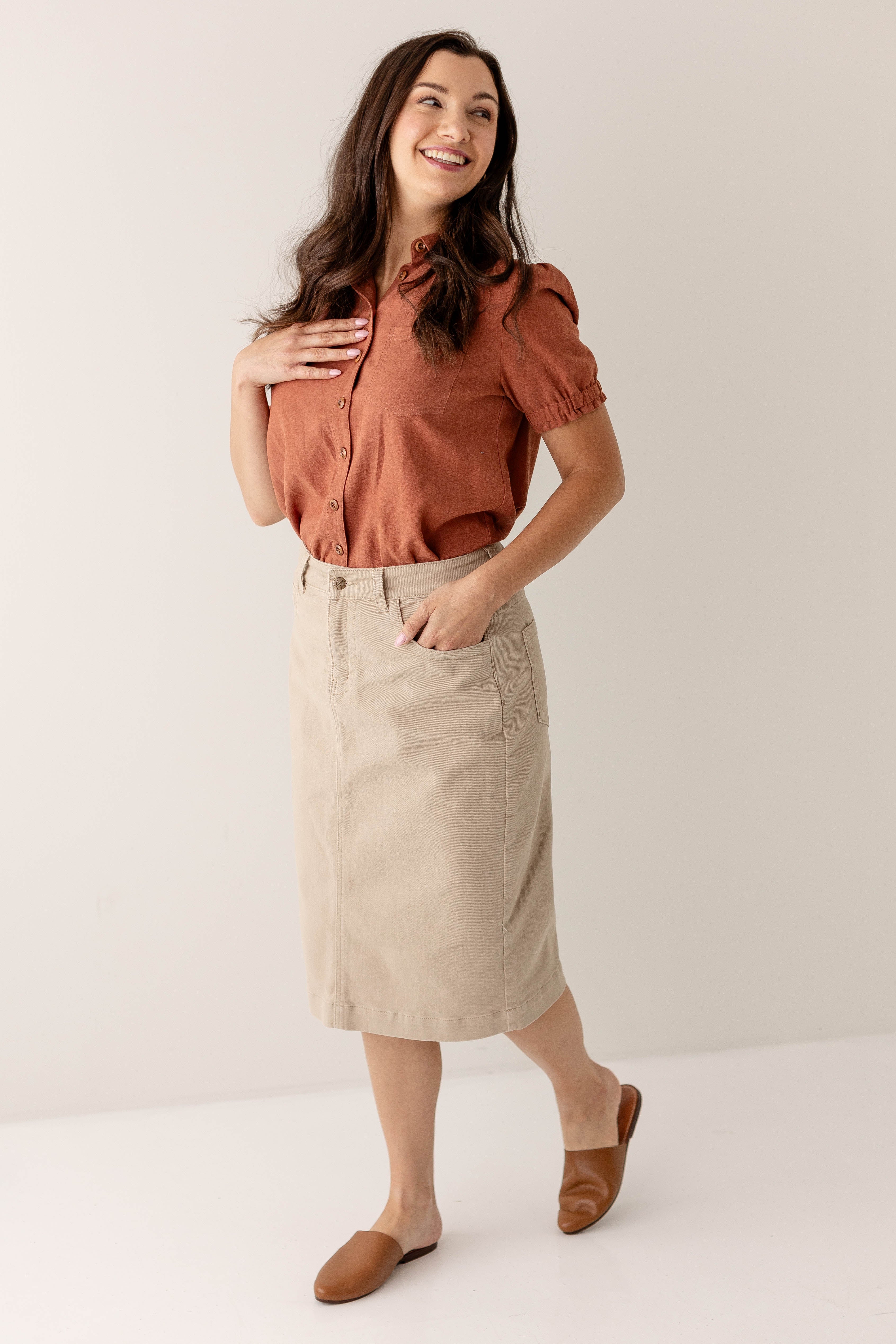 Leah Knee Length Stretch Denim Skirt in Khaki - Image 7