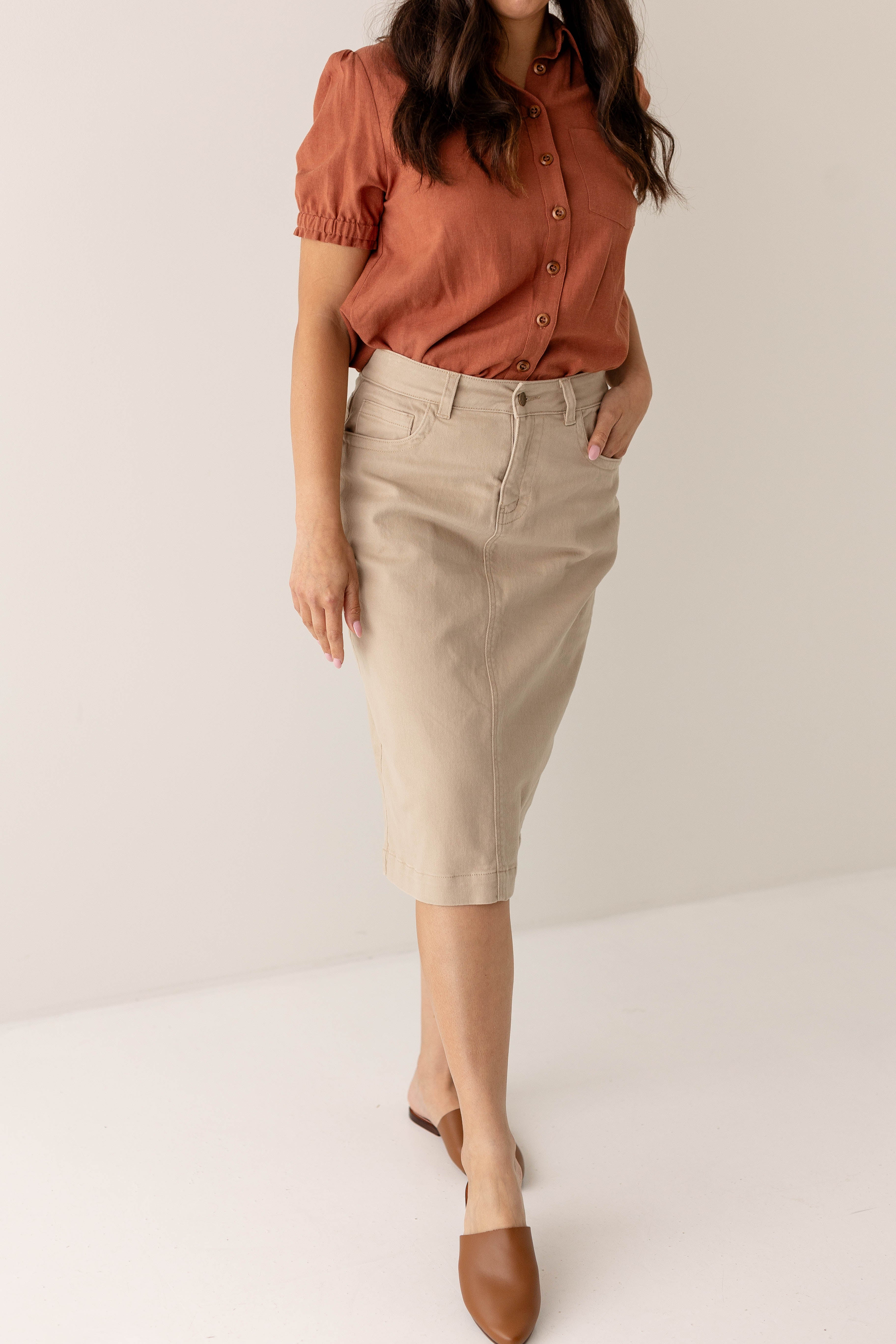 Leah Knee Length Stretch Denim Skirt in Khaki - Image 8