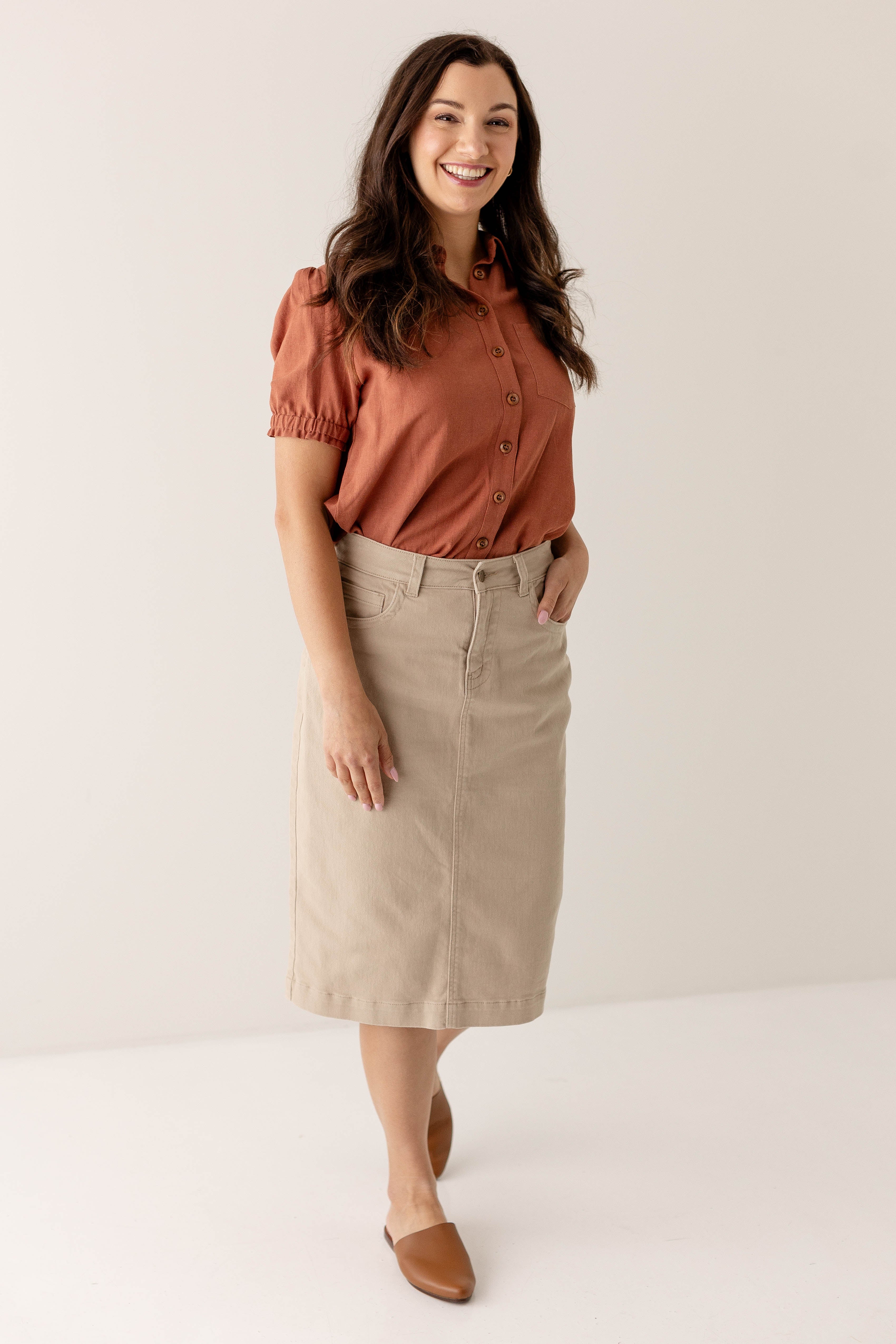 Leah Knee Length Stretch Denim Skirt in Khaki - Image 9