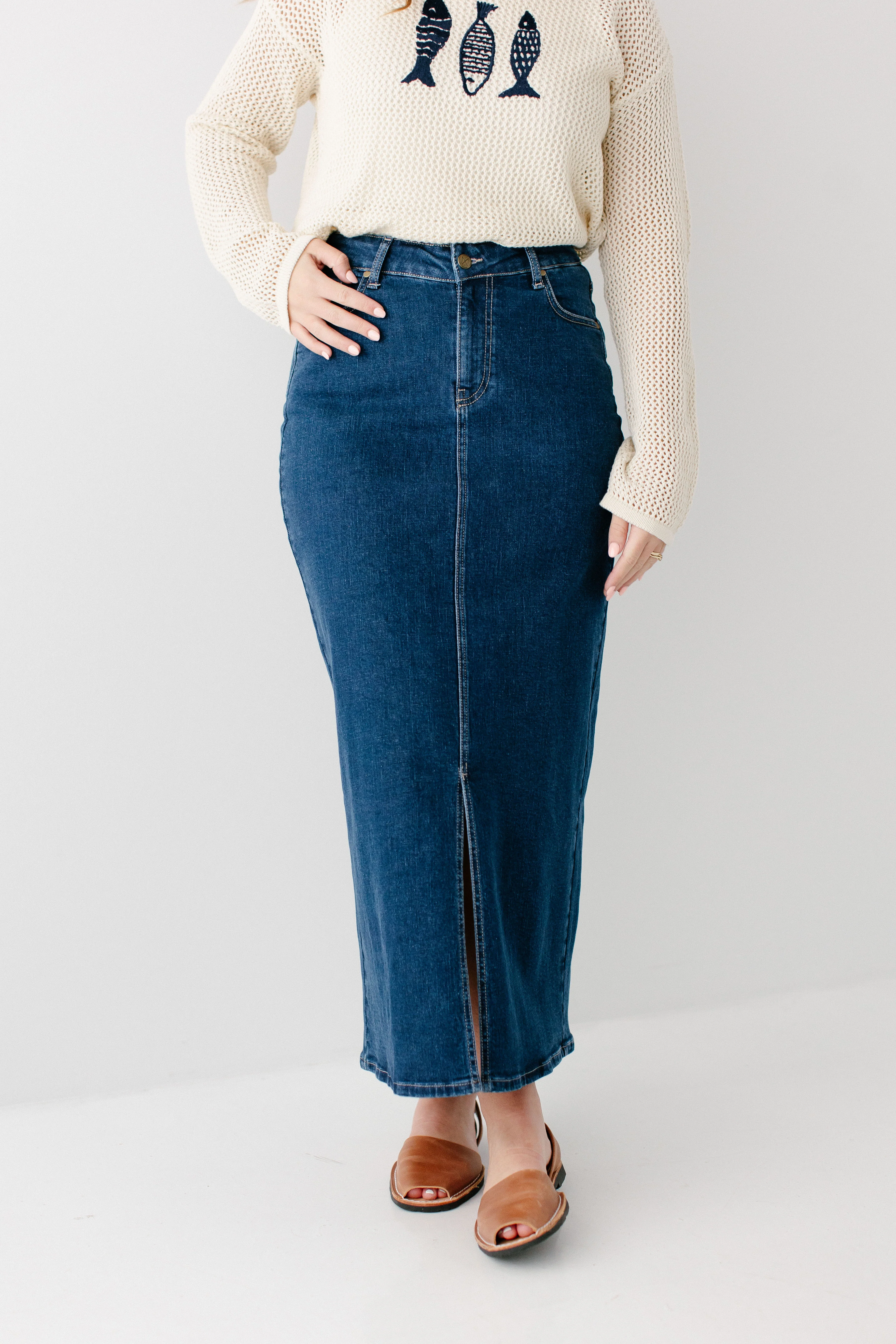 Maya Front Slit Denim Maxi Skirt - Image 15