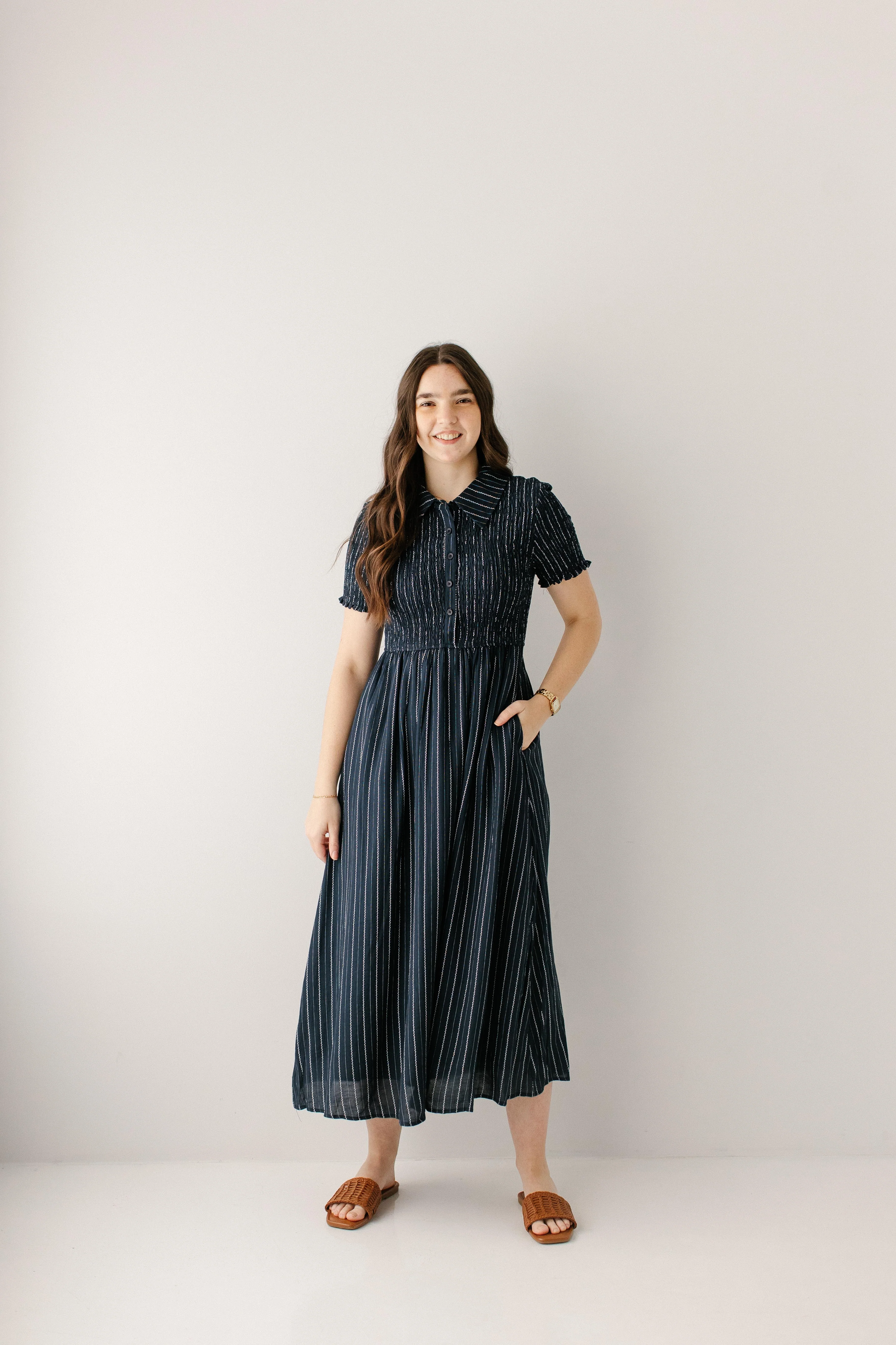 'Nautica' Smocked Bodice Pinstripe Maxi Dress