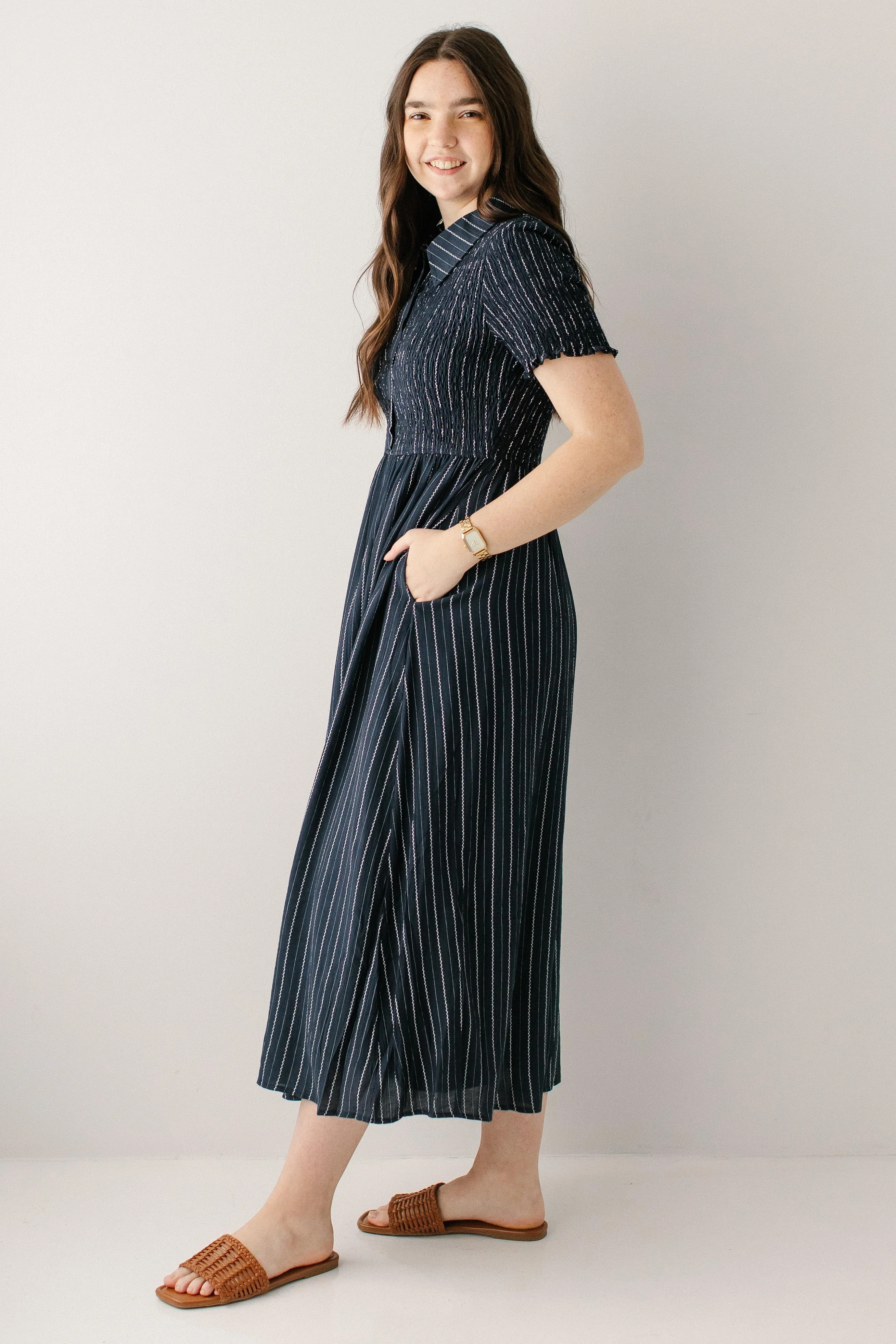 'Nautica' Smocked Bodice Pinstripe Maxi Dress - Image 3