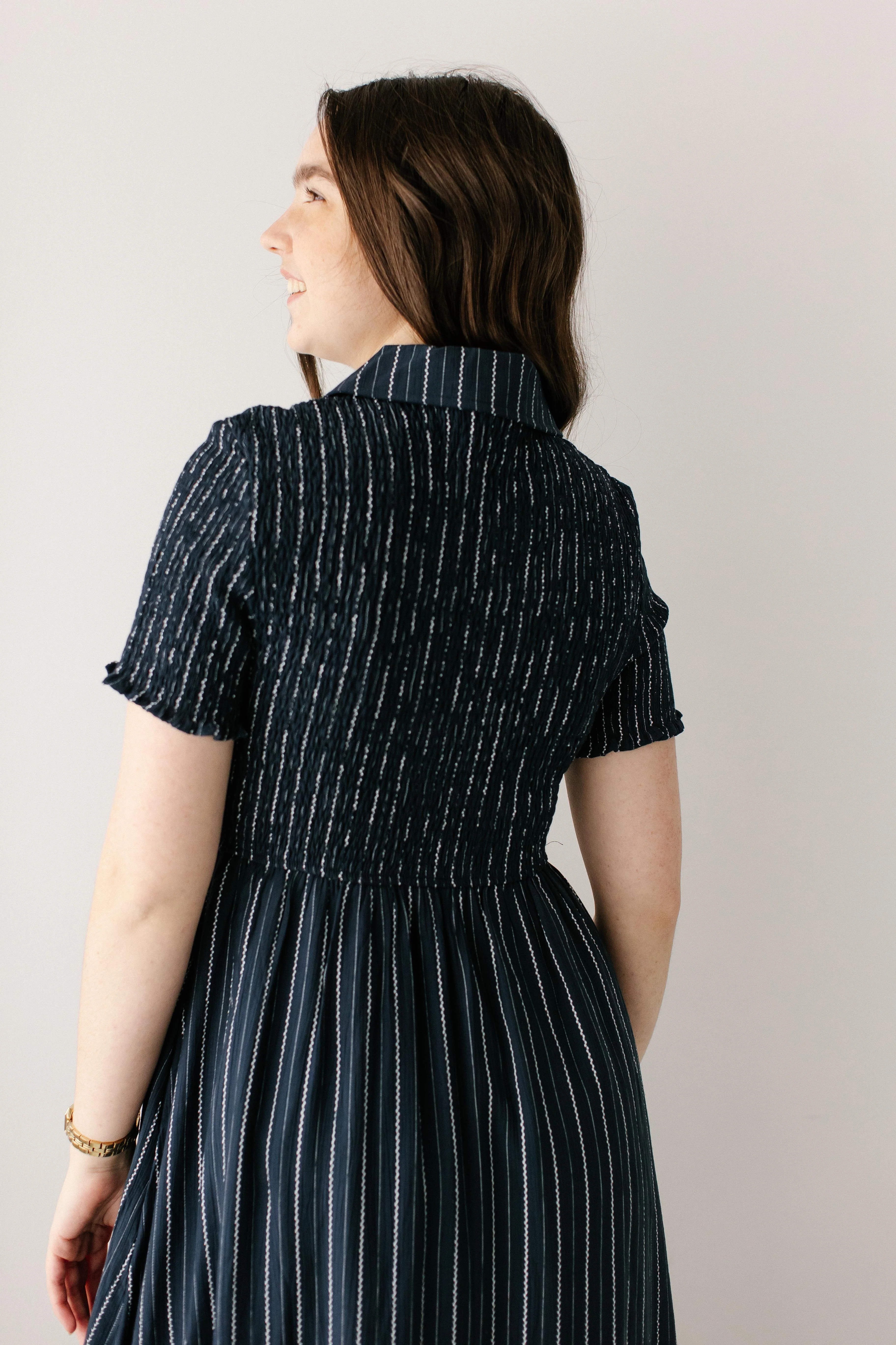 'Nautica' Smocked Bodice Pinstripe Maxi Dress - Image 7