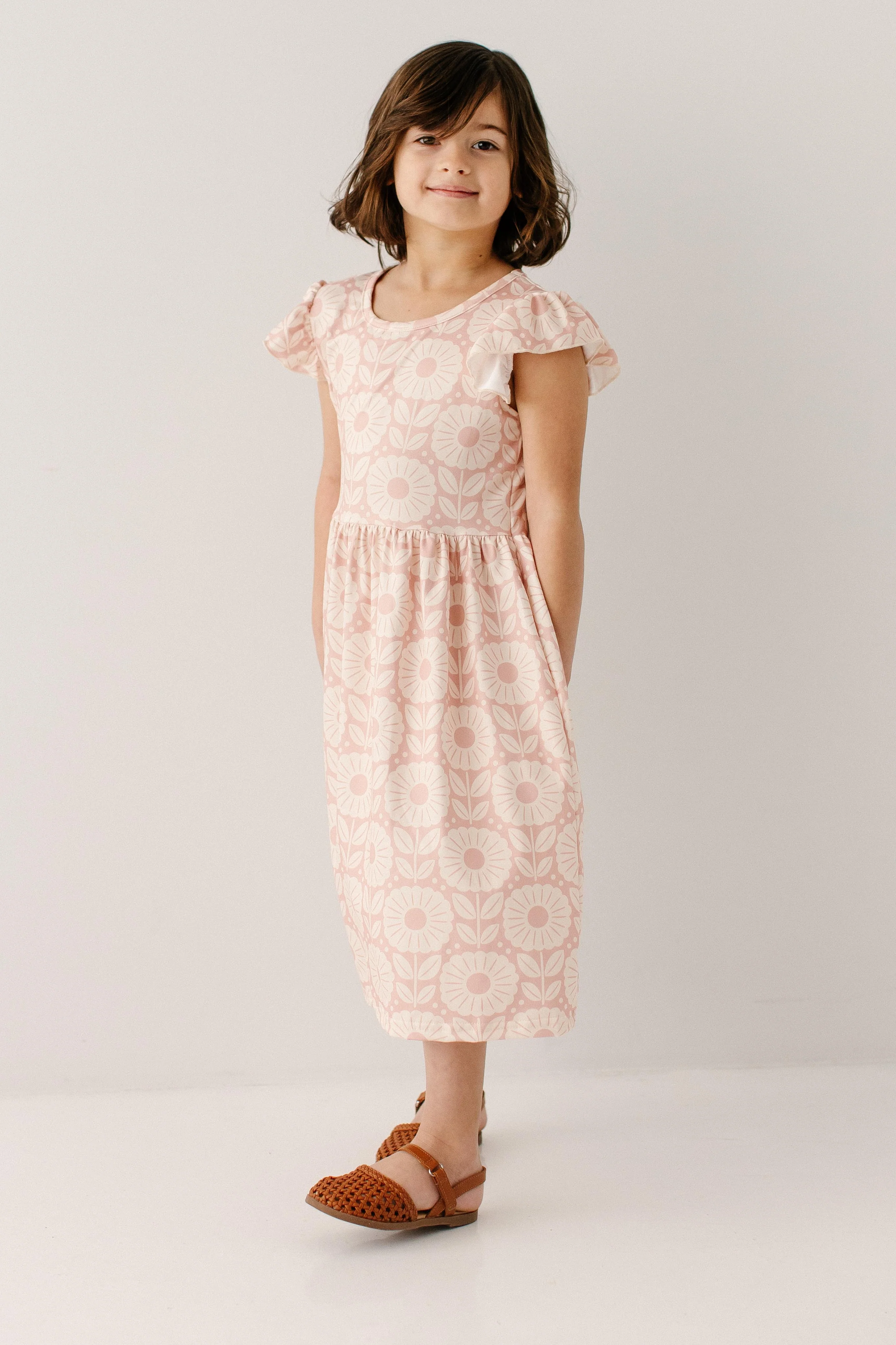 'Petunia' Girl Flower Print Knit Flutter Sleeve Dress