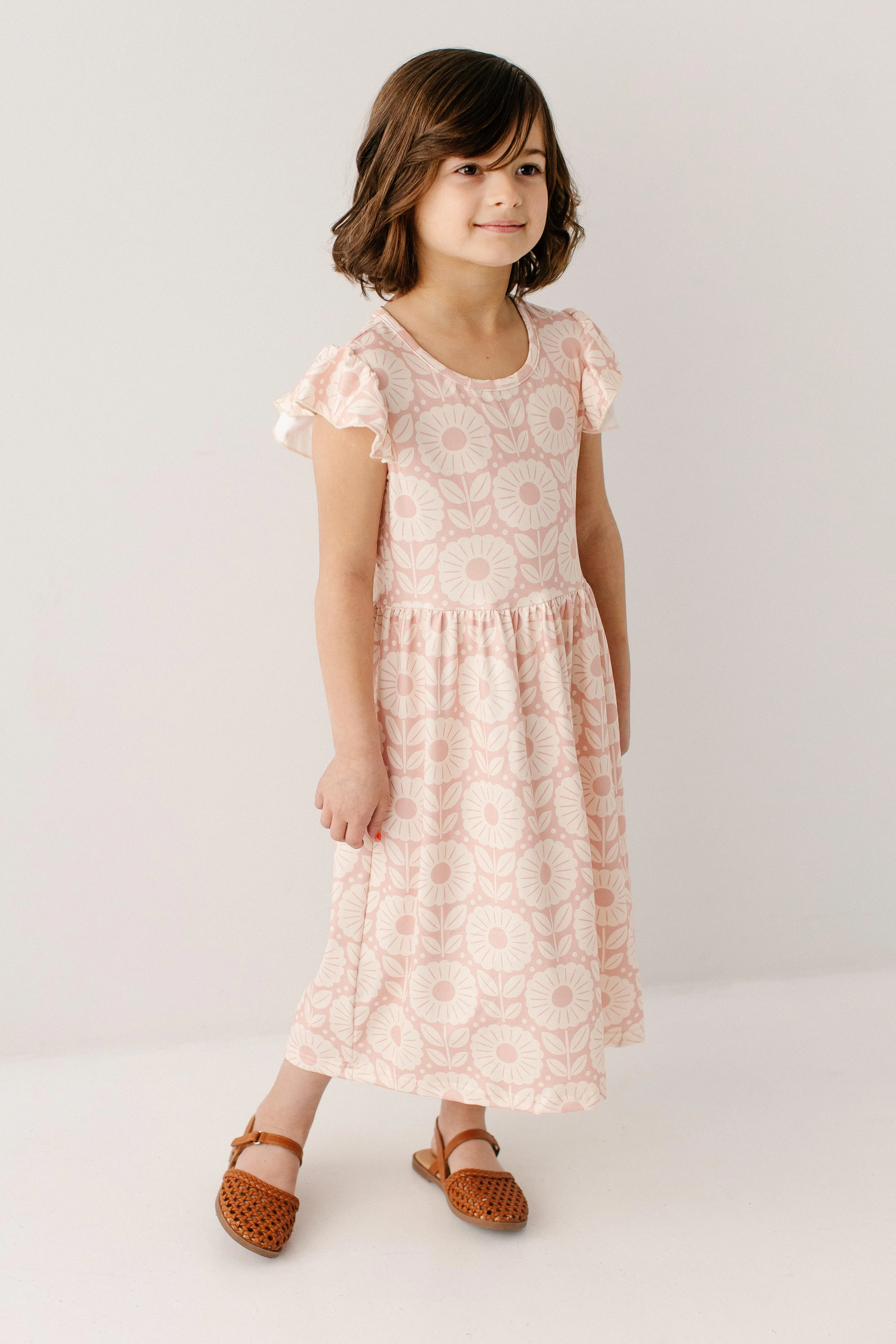 'Petunia' Girl Flower Print Knit Flutter Sleeve Dress - Image 2