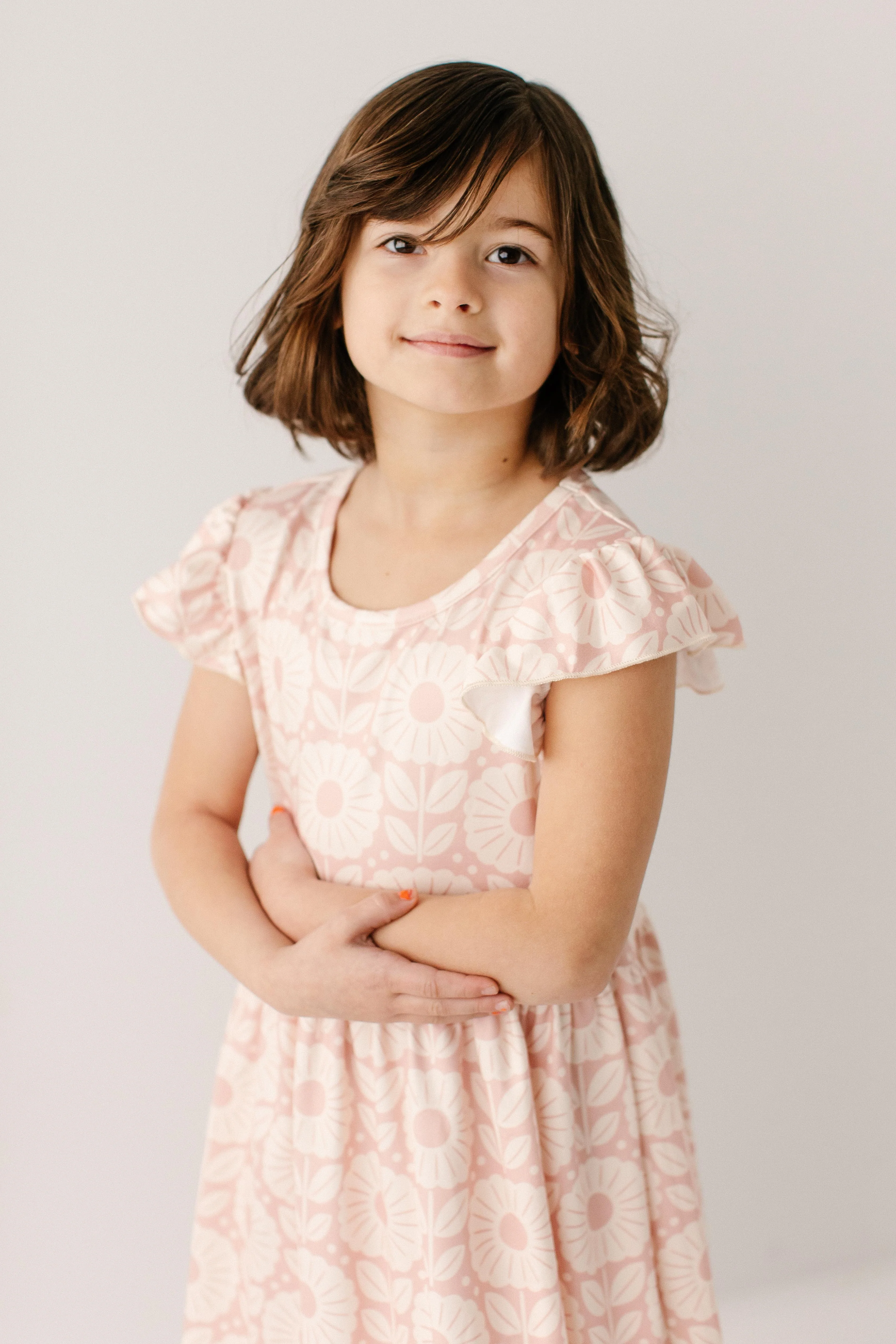 'Petunia' Girl Flower Print Knit Flutter Sleeve Dress - Image 3