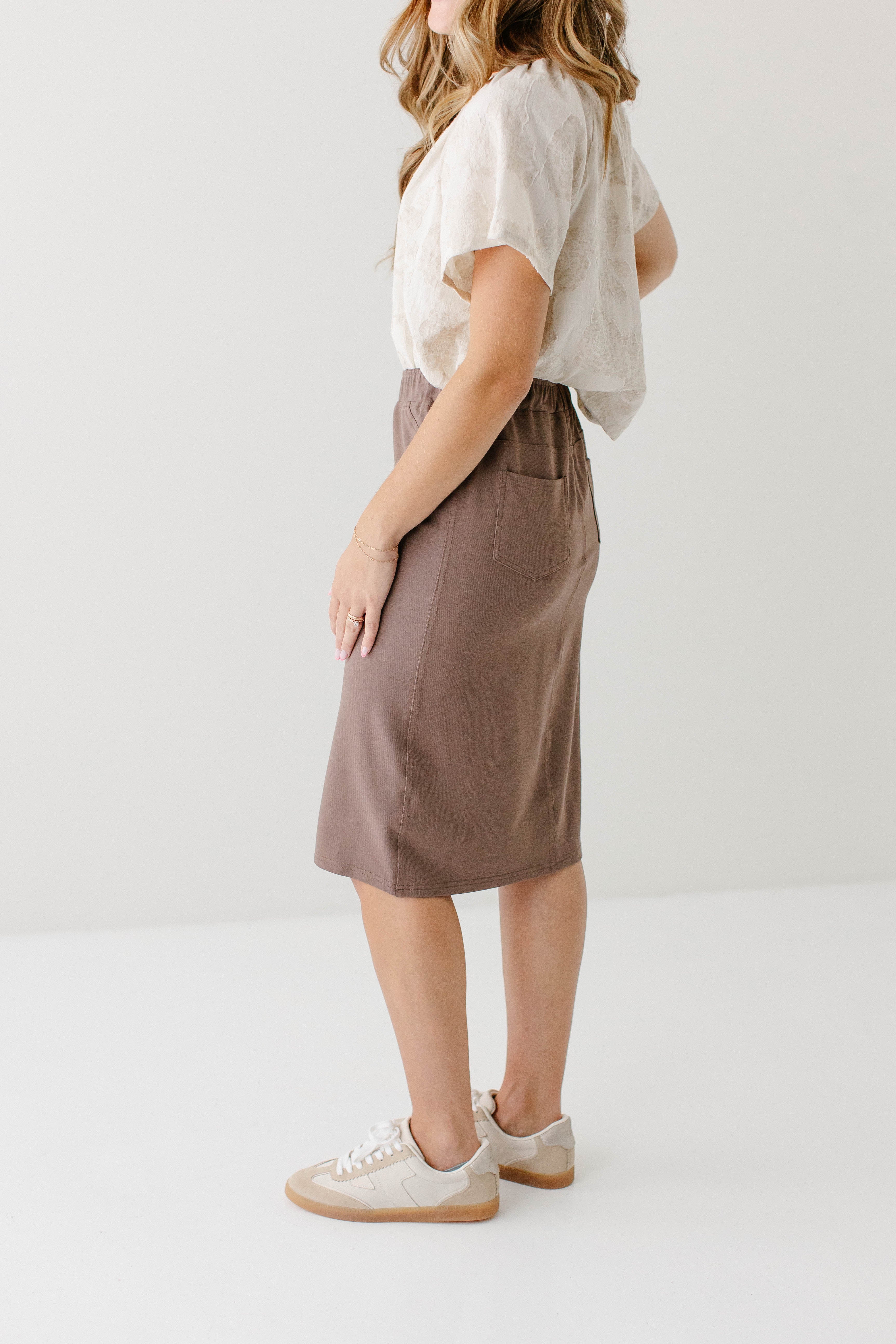 Piper Knee Length Knit Denim Skirt - Image 13