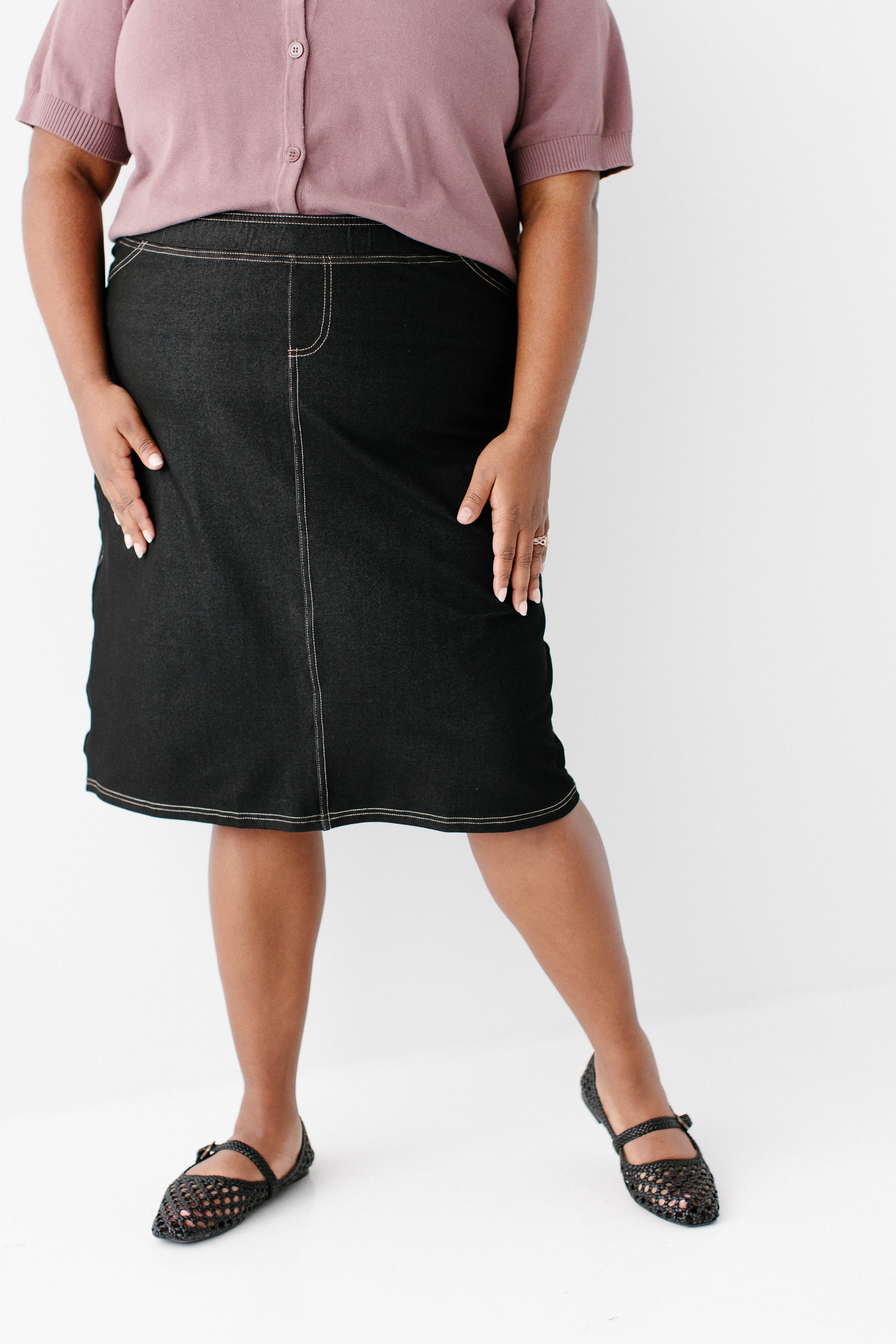 Piper Knee Length Knit Denim Skirt - Image 4