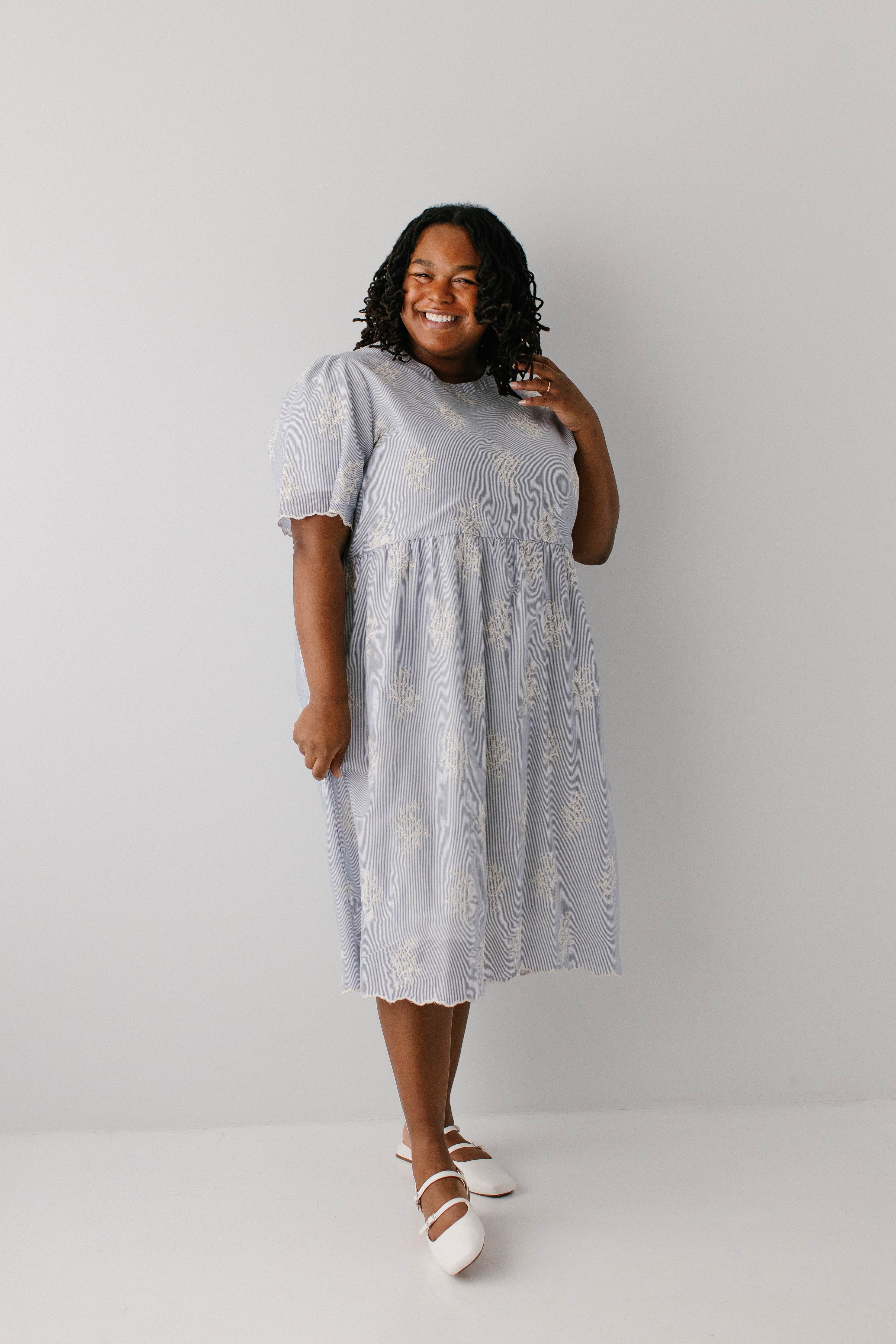 Plus Keturah Embroidered Pinstripe Midi Dress