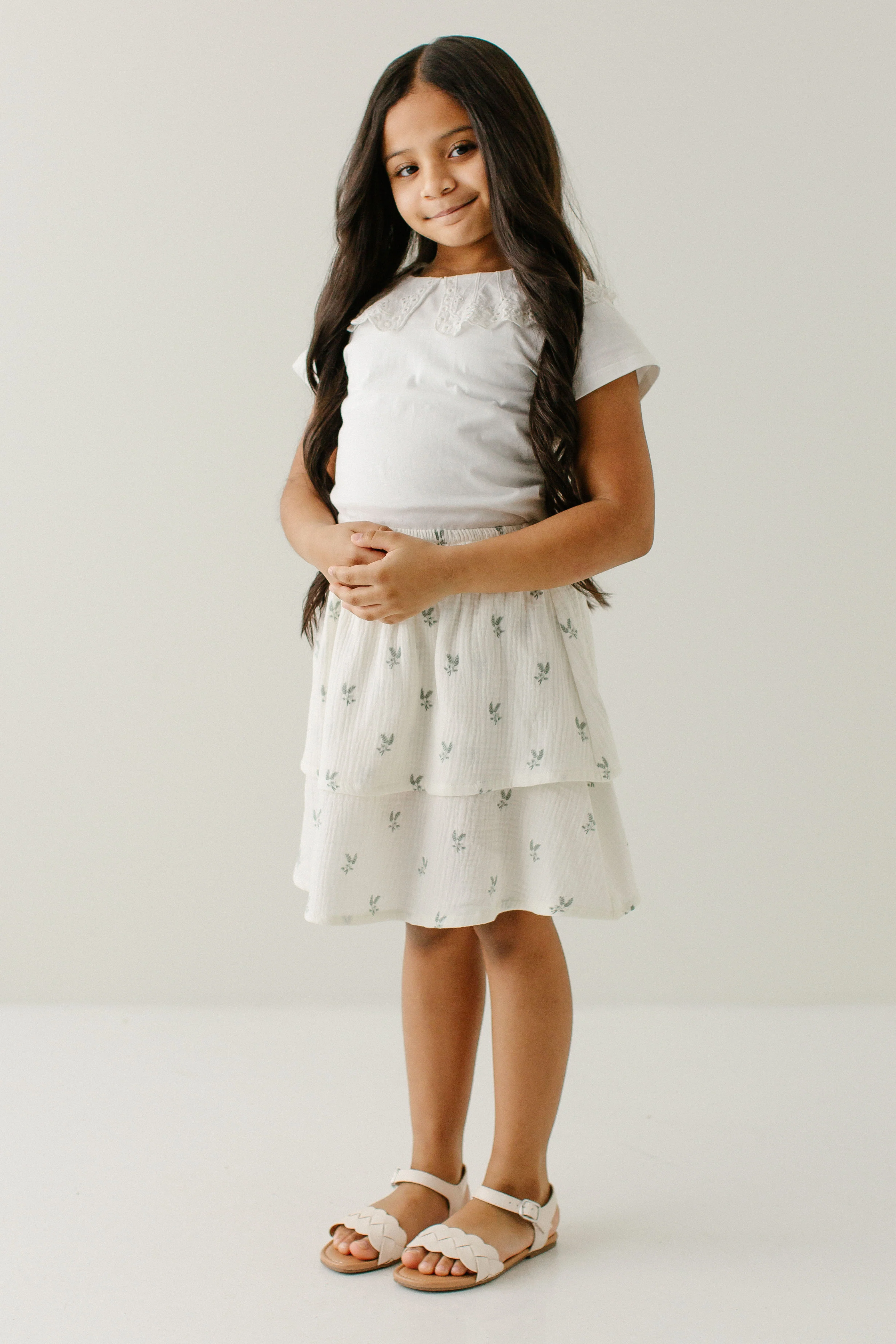 'Sally' Girl Leaf Print Tiered Cotton Skirt in Cream FINAL SALE - Image 3
