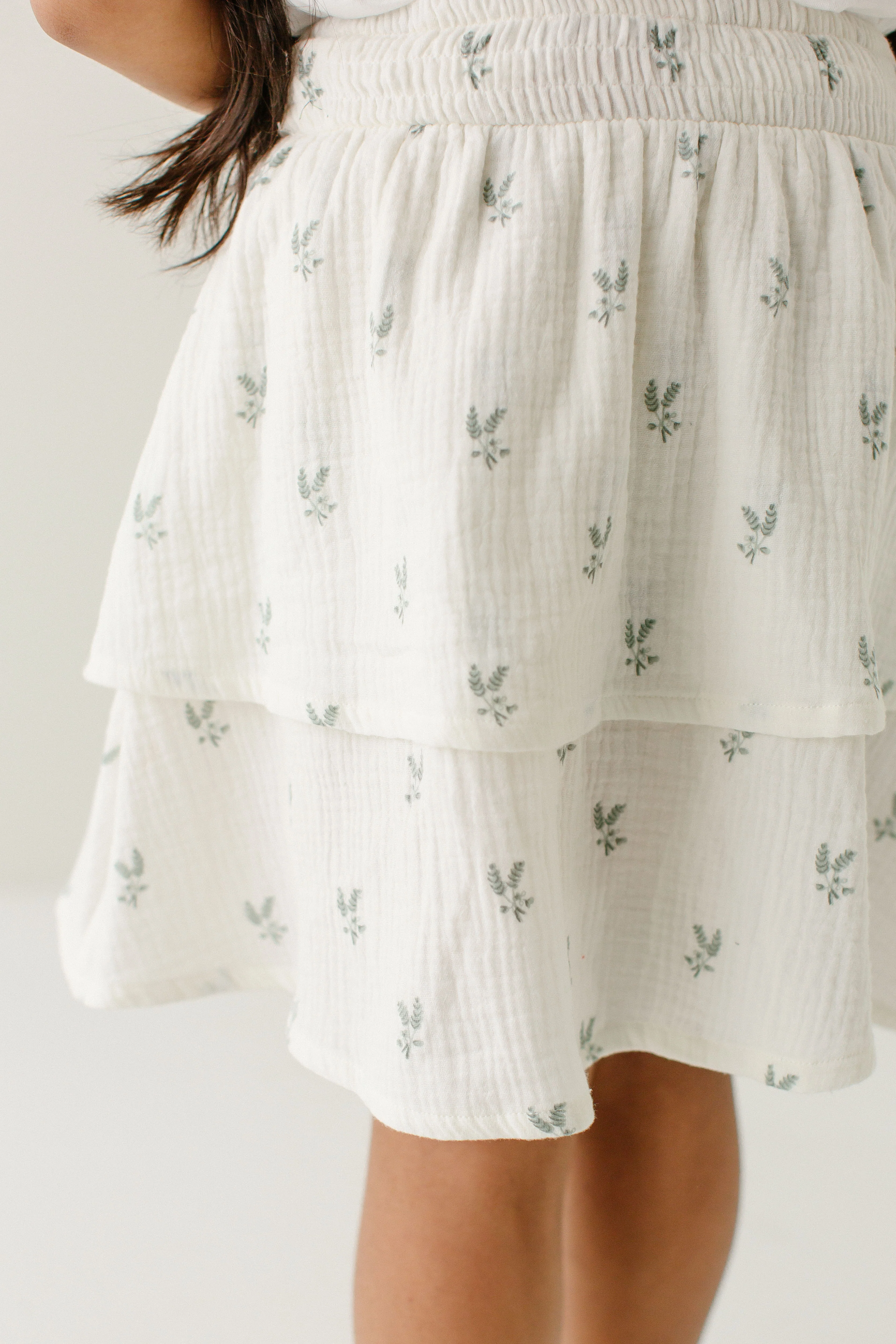 'Sally' Girl Leaf Print Tiered Cotton Skirt in Cream FINAL SALE - Image 4