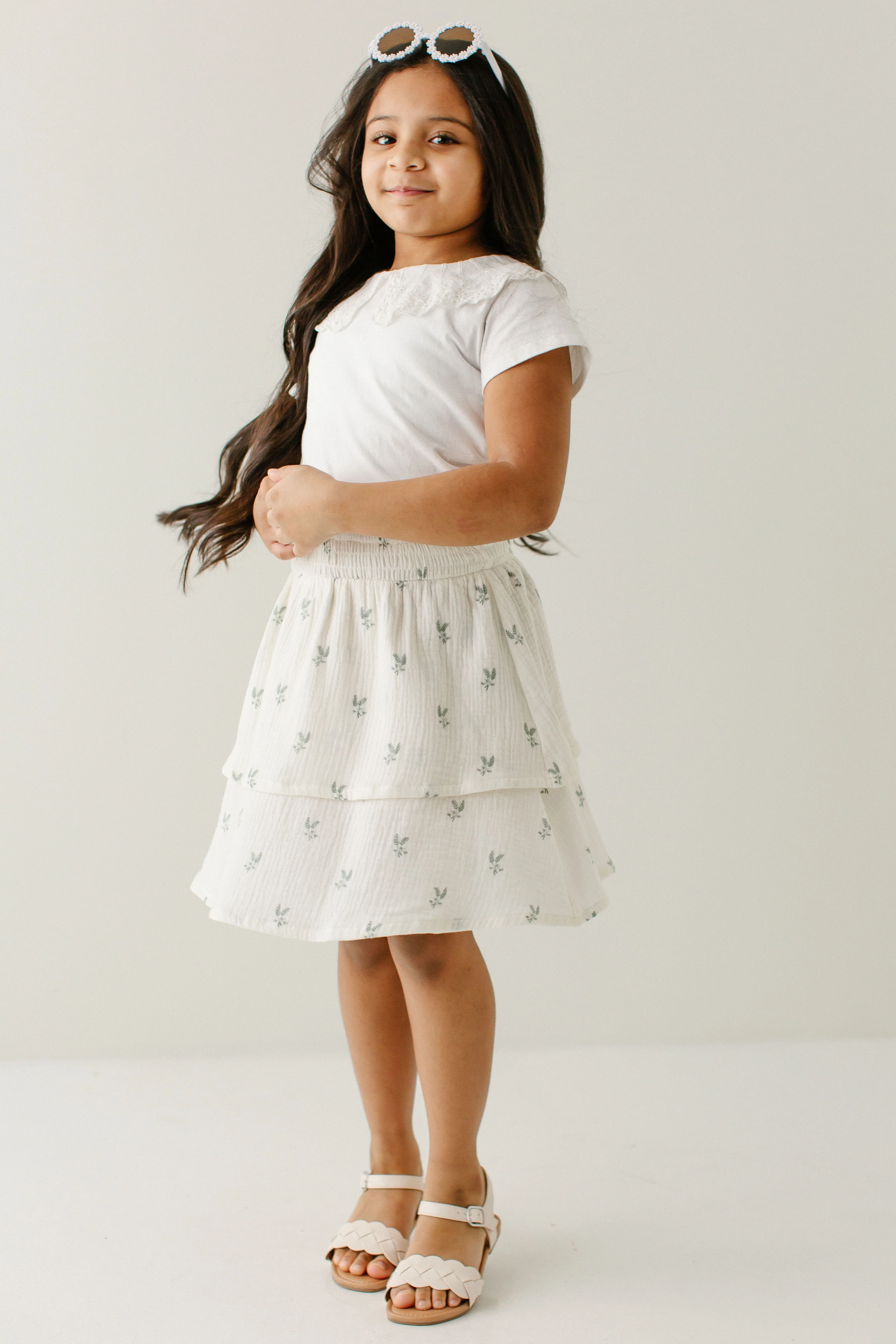 'Sally' Girl Leaf Print Tiered Cotton Skirt in Cream FINAL SALE - Image 5