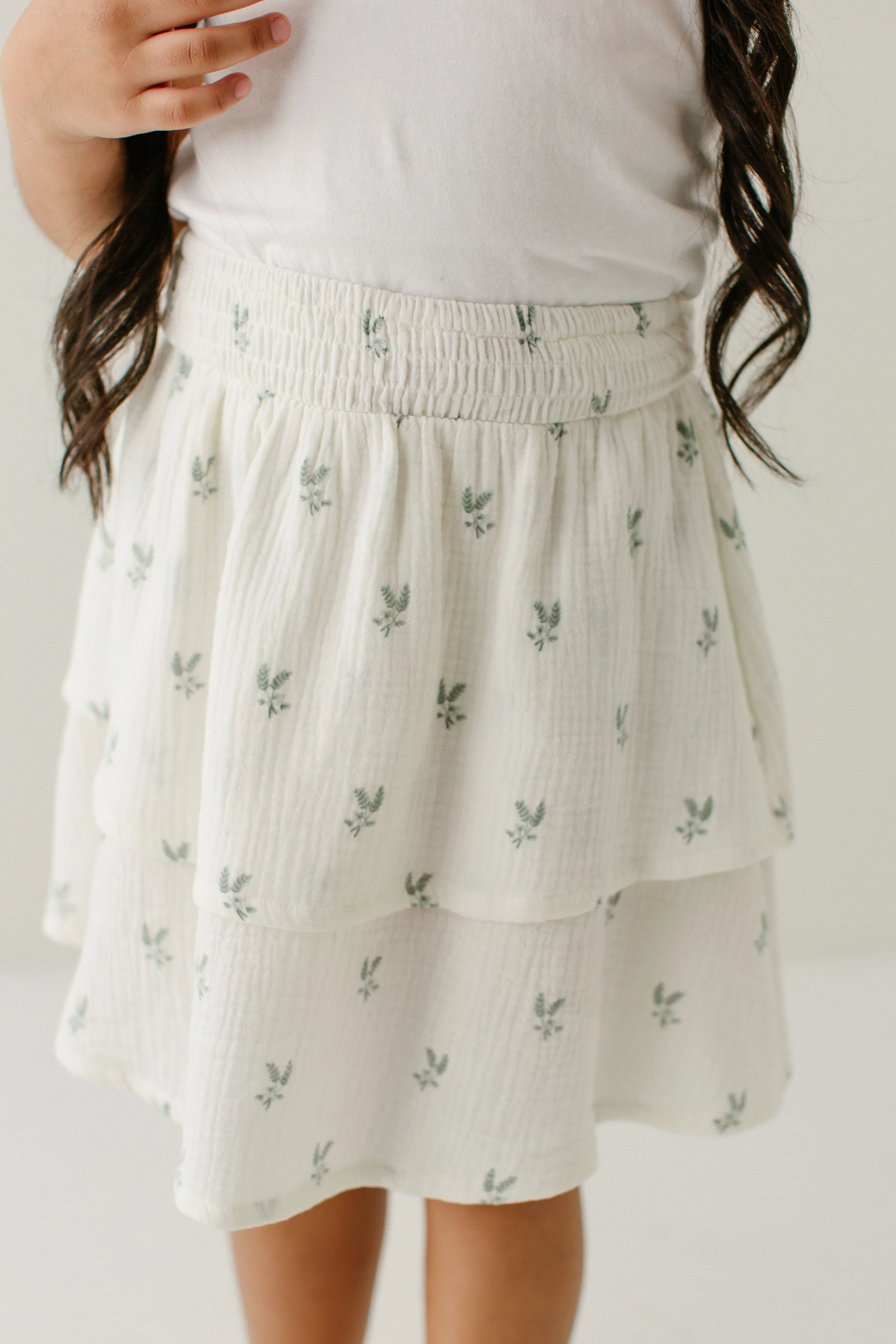 'Sally' Girl Leaf Print Tiered Cotton Skirt in Cream FINAL SALE - Image 6