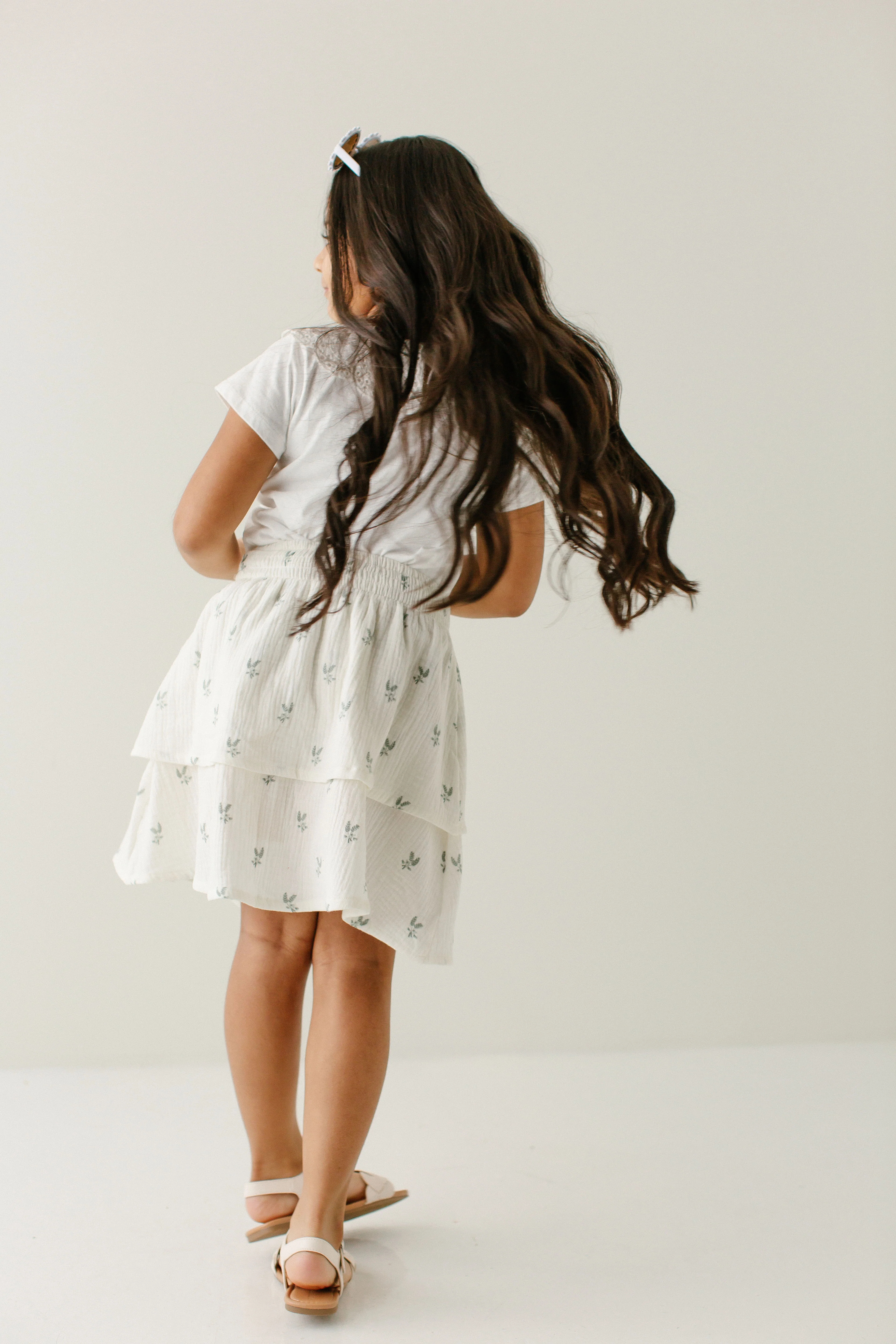 'Sally' Girl Leaf Print Tiered Cotton Skirt in Cream FINAL SALE - Image 7
