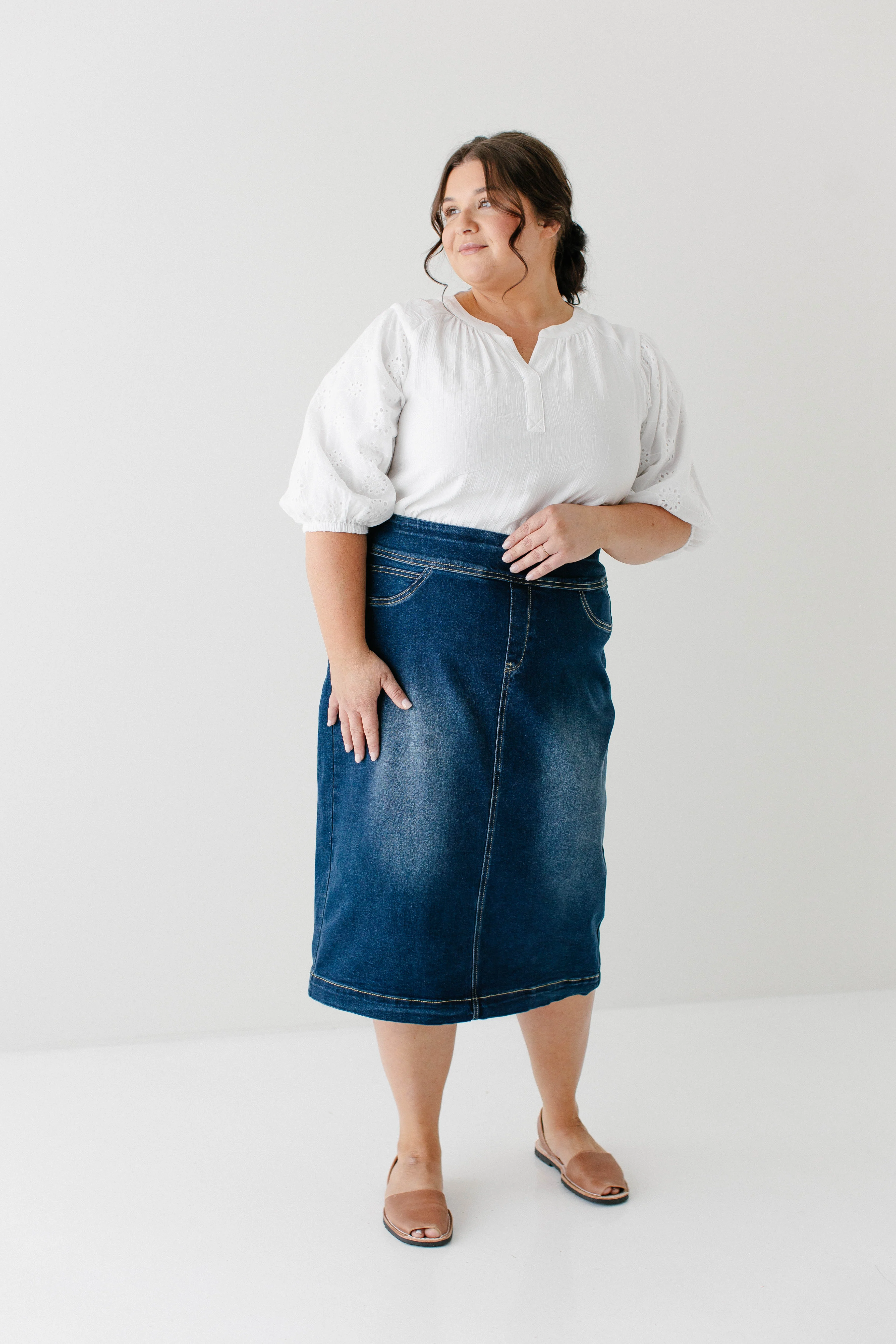 Sara Classic Knee Length Dark Denim Skirt - Image 11