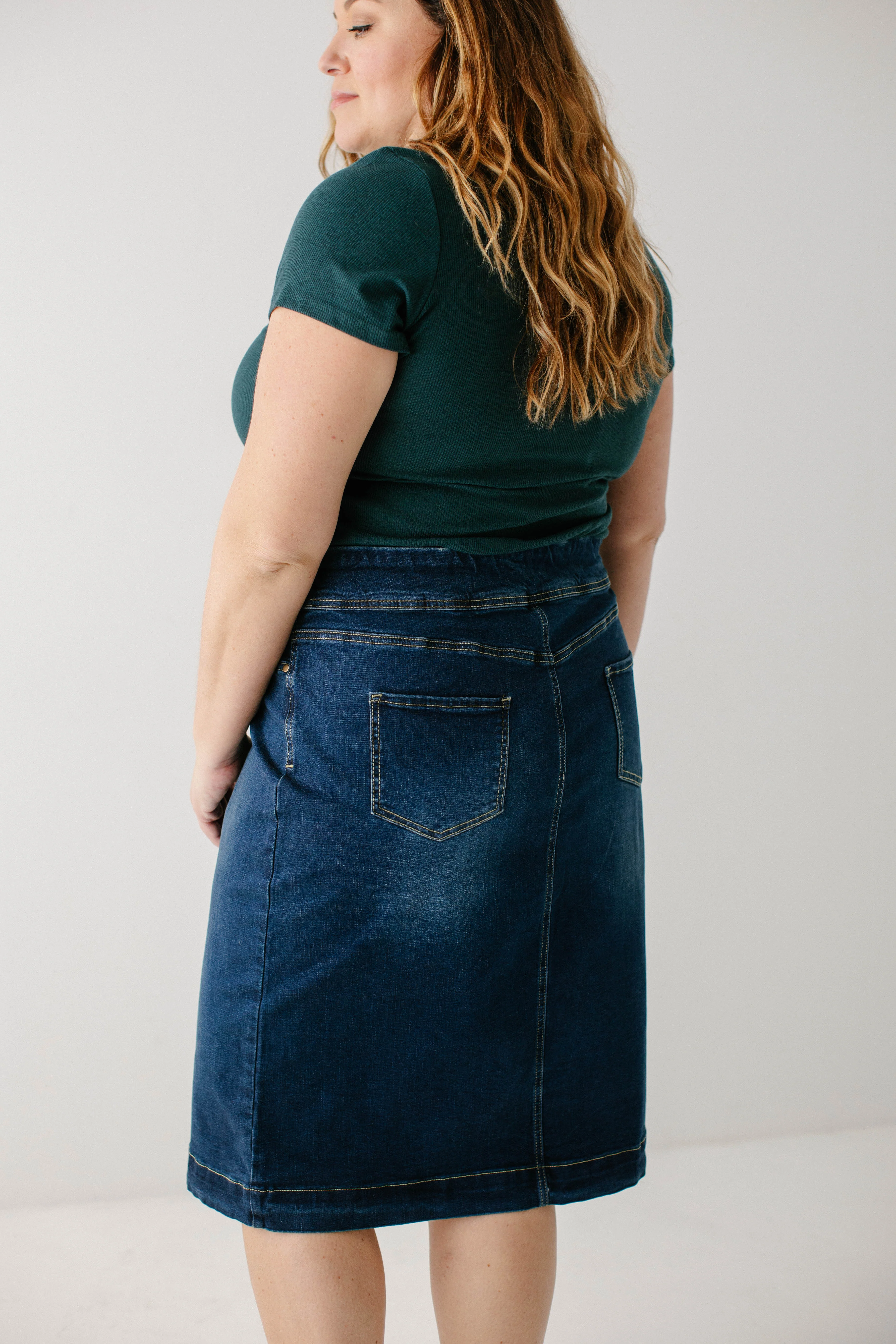 Sara Classic Knee Length Dark Denim Skirt - Image 17