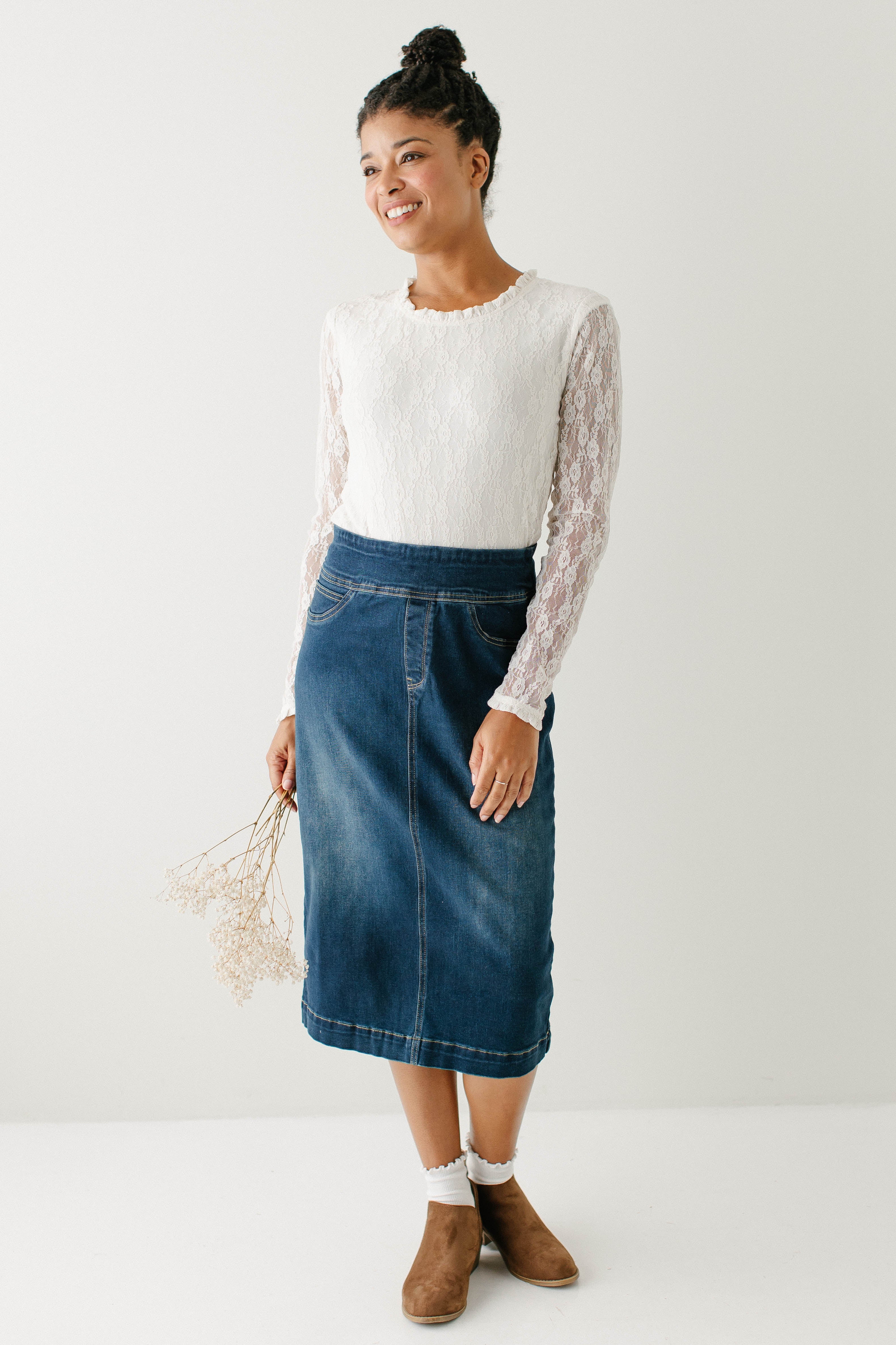 Sara Classic Knee Length Dark Denim Skirt - Image 21