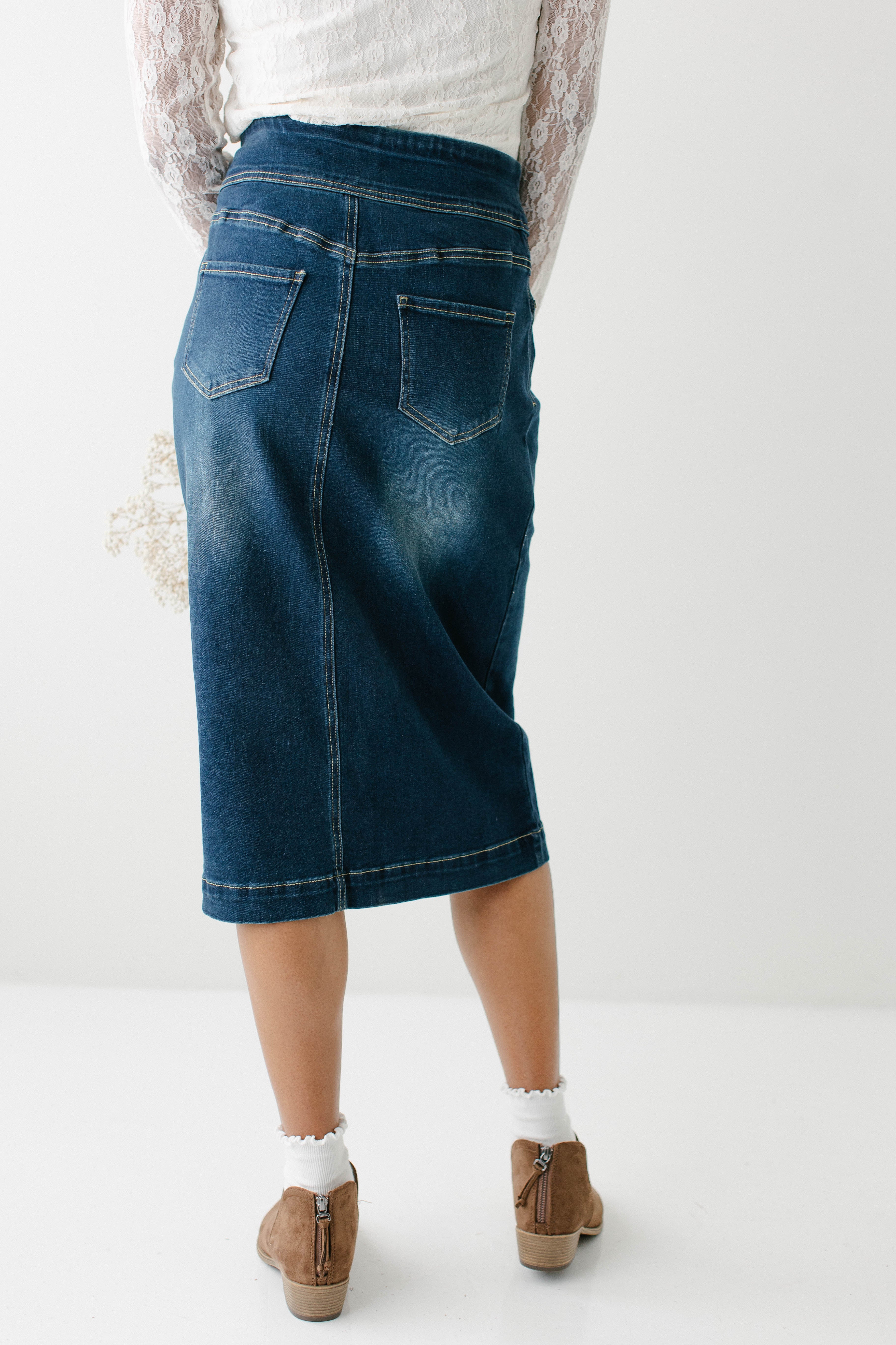 Sara Classic Knee Length Dark Denim Skirt - Image 23