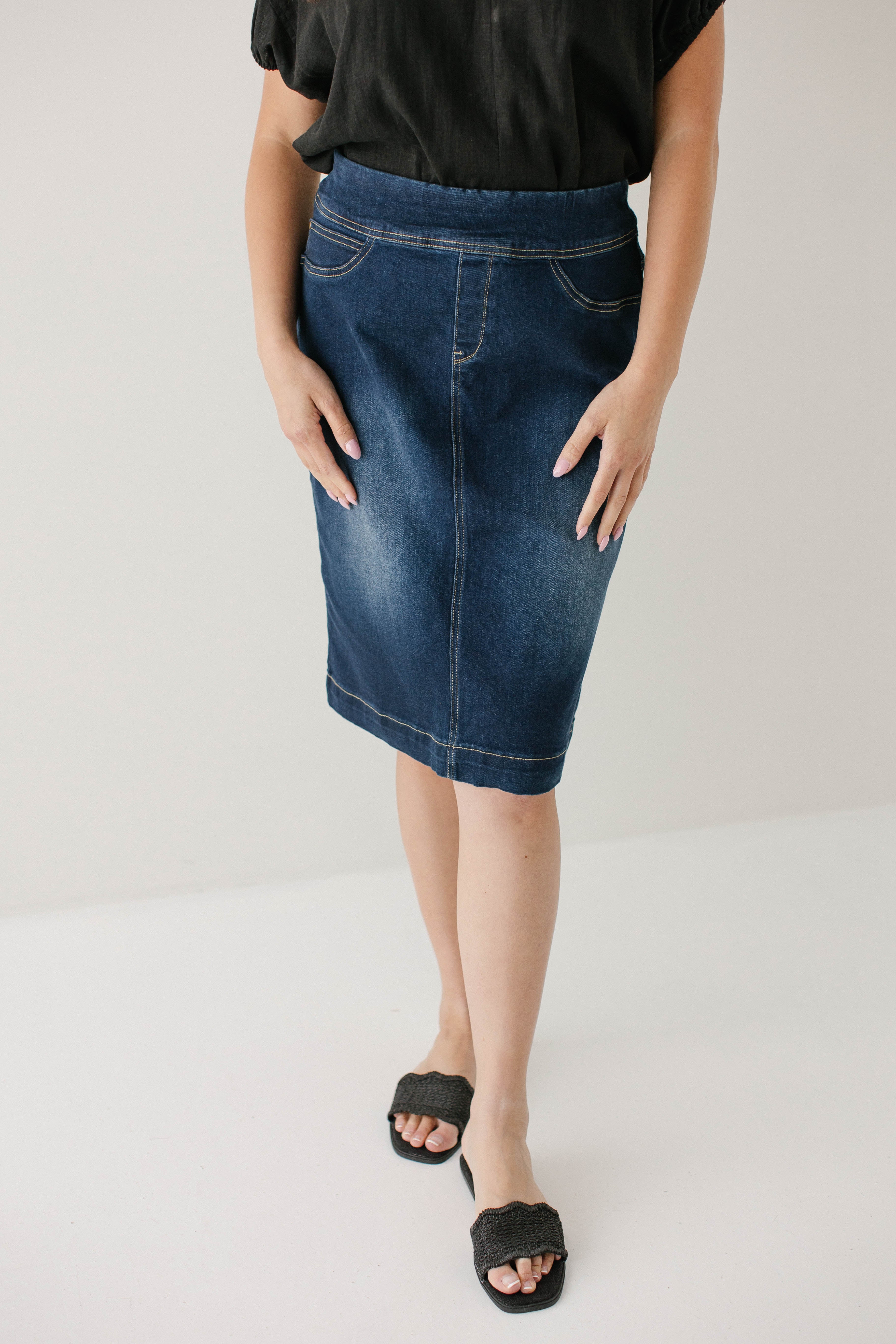Sara Classic Knee Length Dark Denim Skirt - Image 6