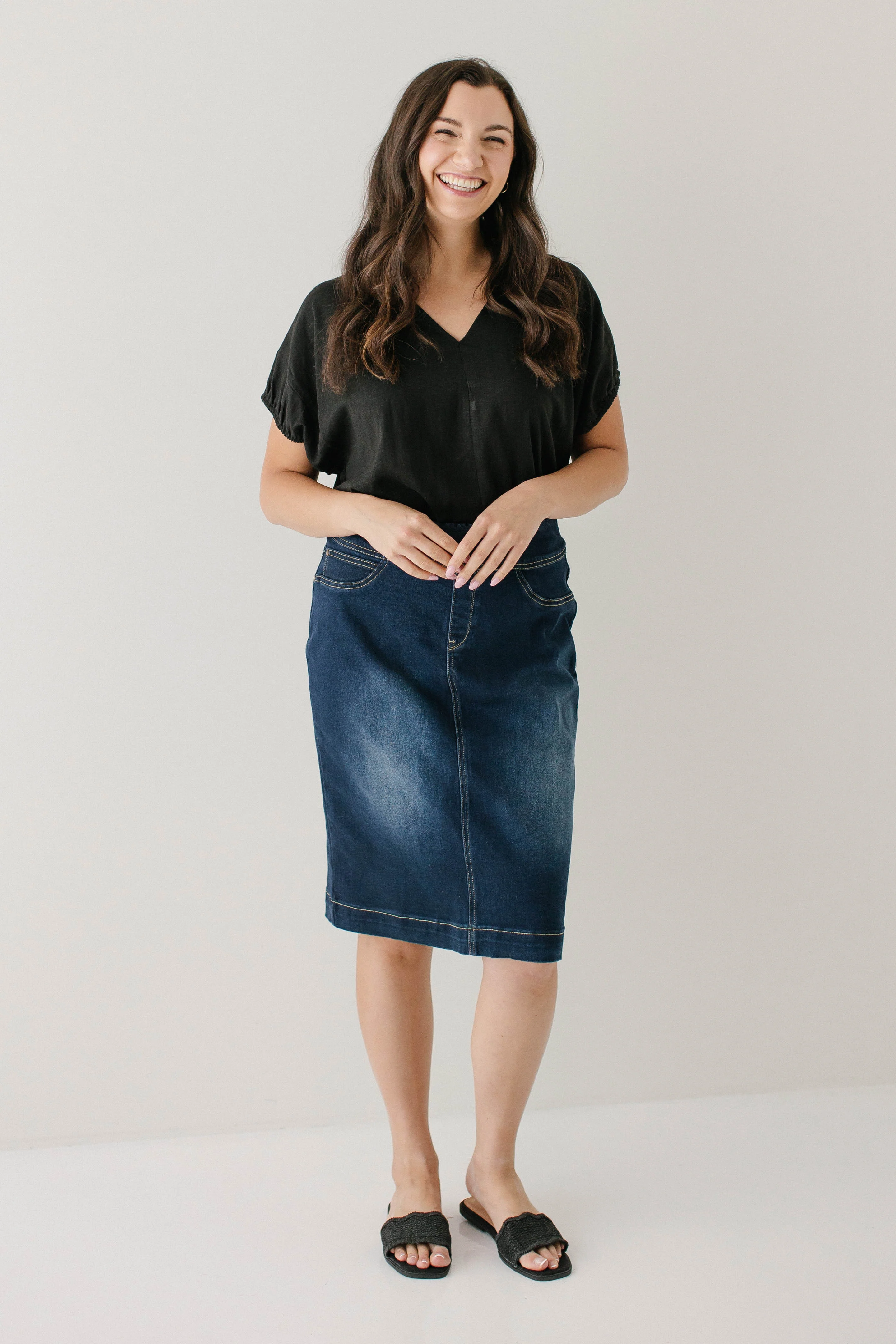 Sara Classic Knee Length Dark Denim Skirt - Image 8