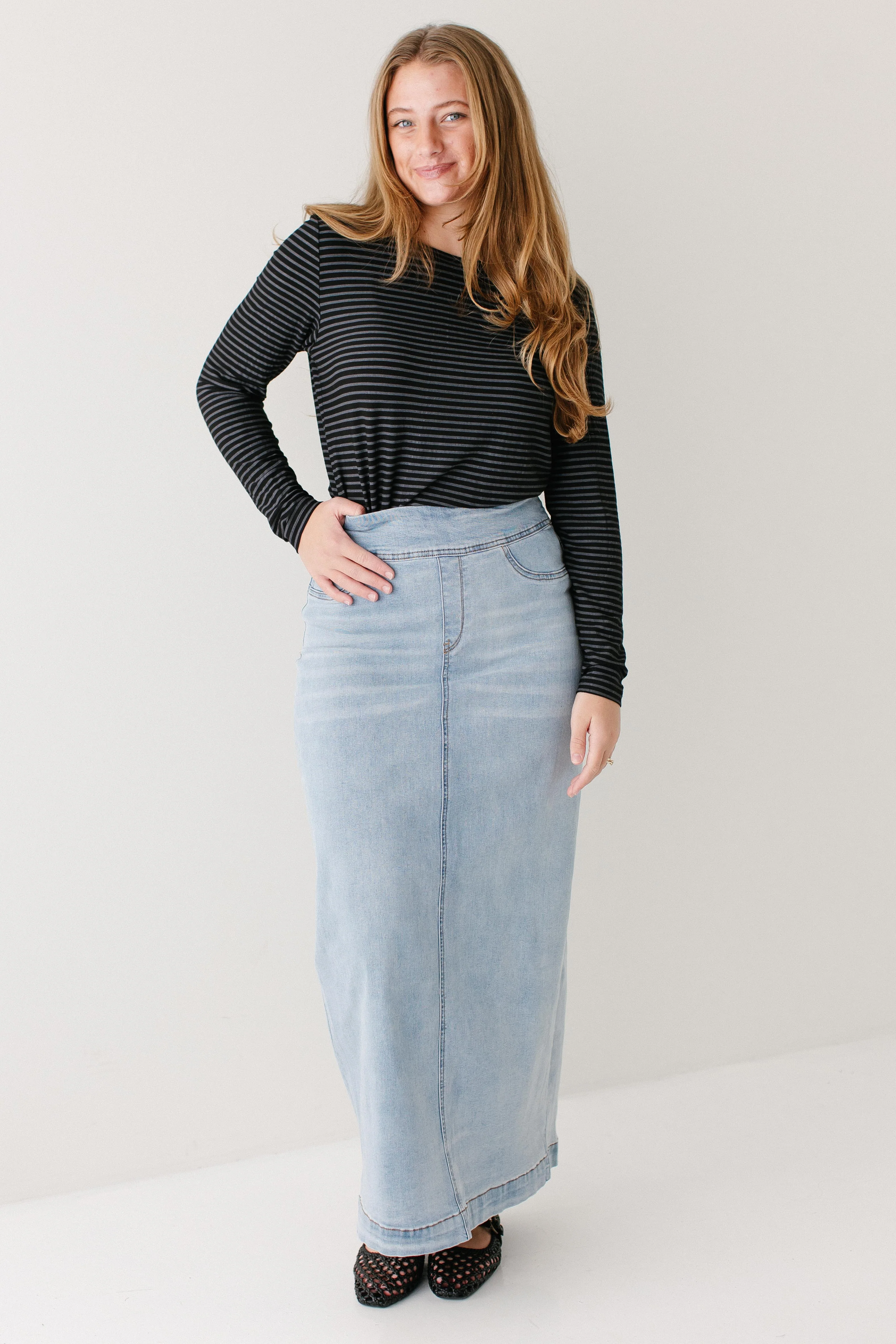 Sara Classic Long Stretch Denim Skirt FINAL SALE - Image 3