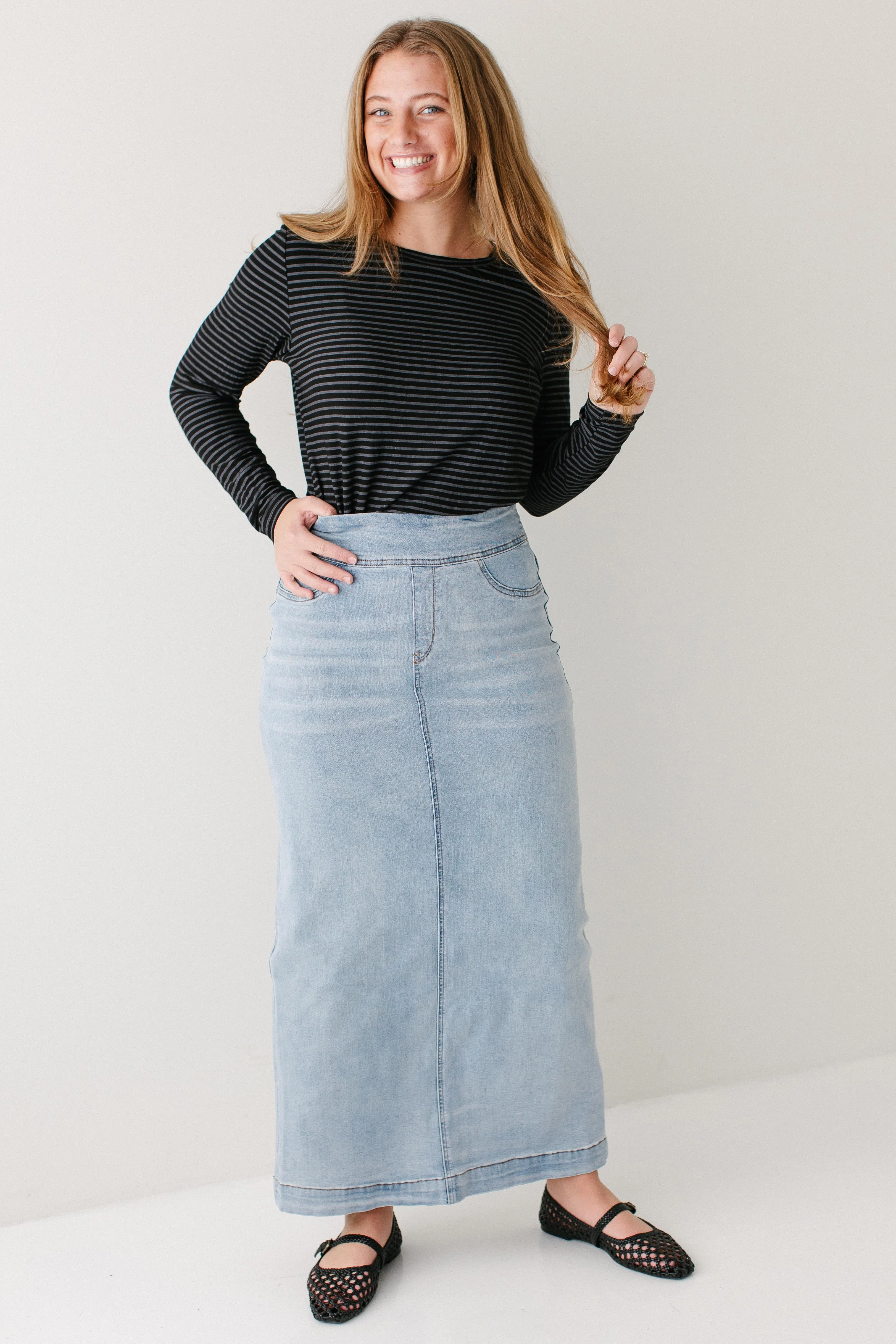 Sara Classic Long Stretch Denim Skirt FINAL SALE - Image 5